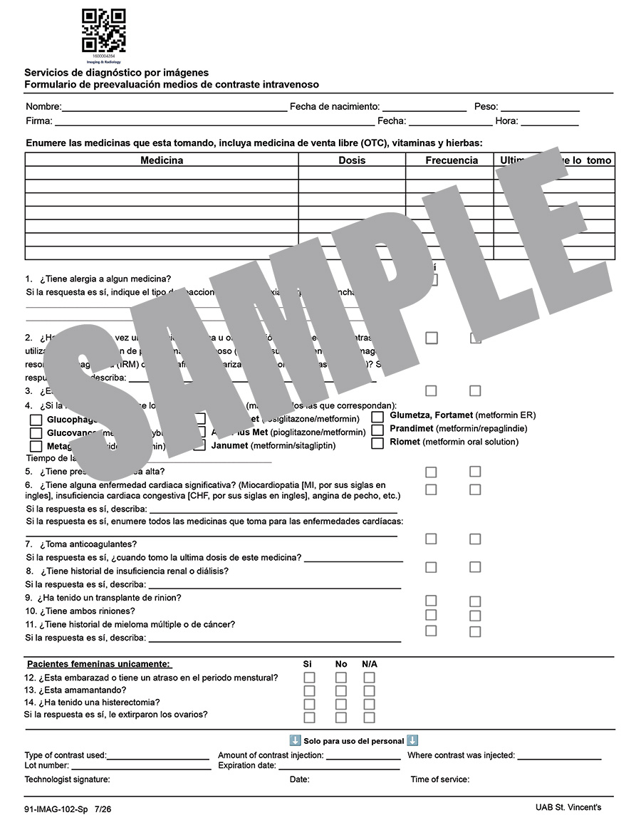 UAB IMAGING PRE-SCREENING FORM - IV CONTRAST MEDIA - SPANISH