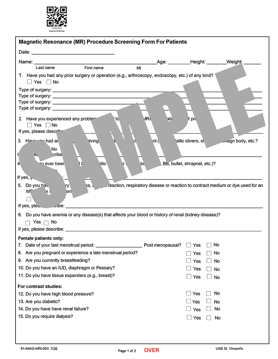 MRI PROCEDURE SCREENING FORM