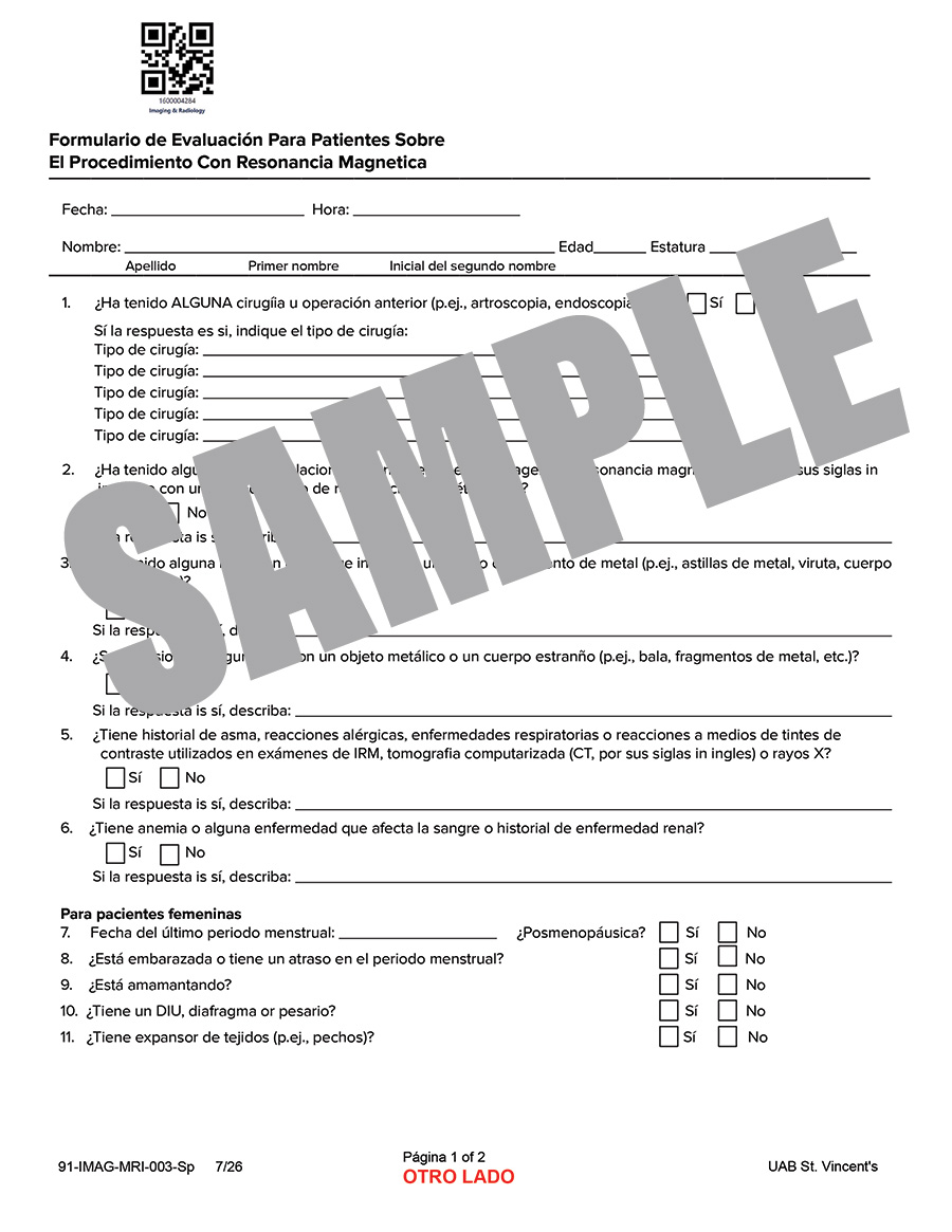 MRI PROCEDURE SCREENING FORM - SPANISH