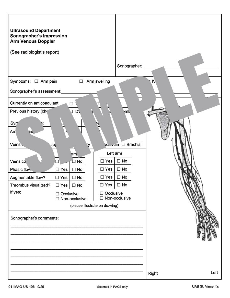 ARM VENOUS DOPPLER SONOGRAPHER IMPRESSION SHEET