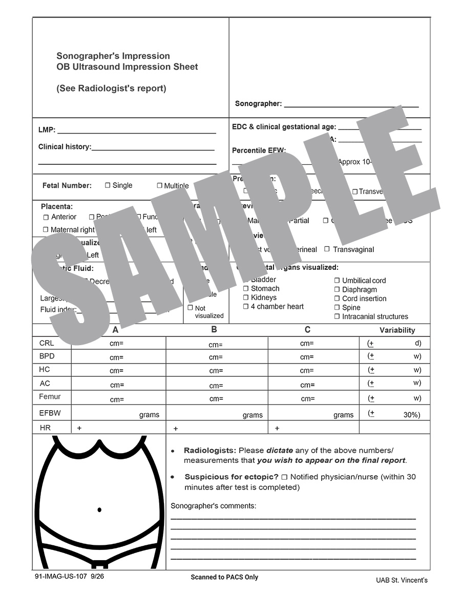 OB ULTRASOUND SONOGRAPHER IMPRESSION SHEET
