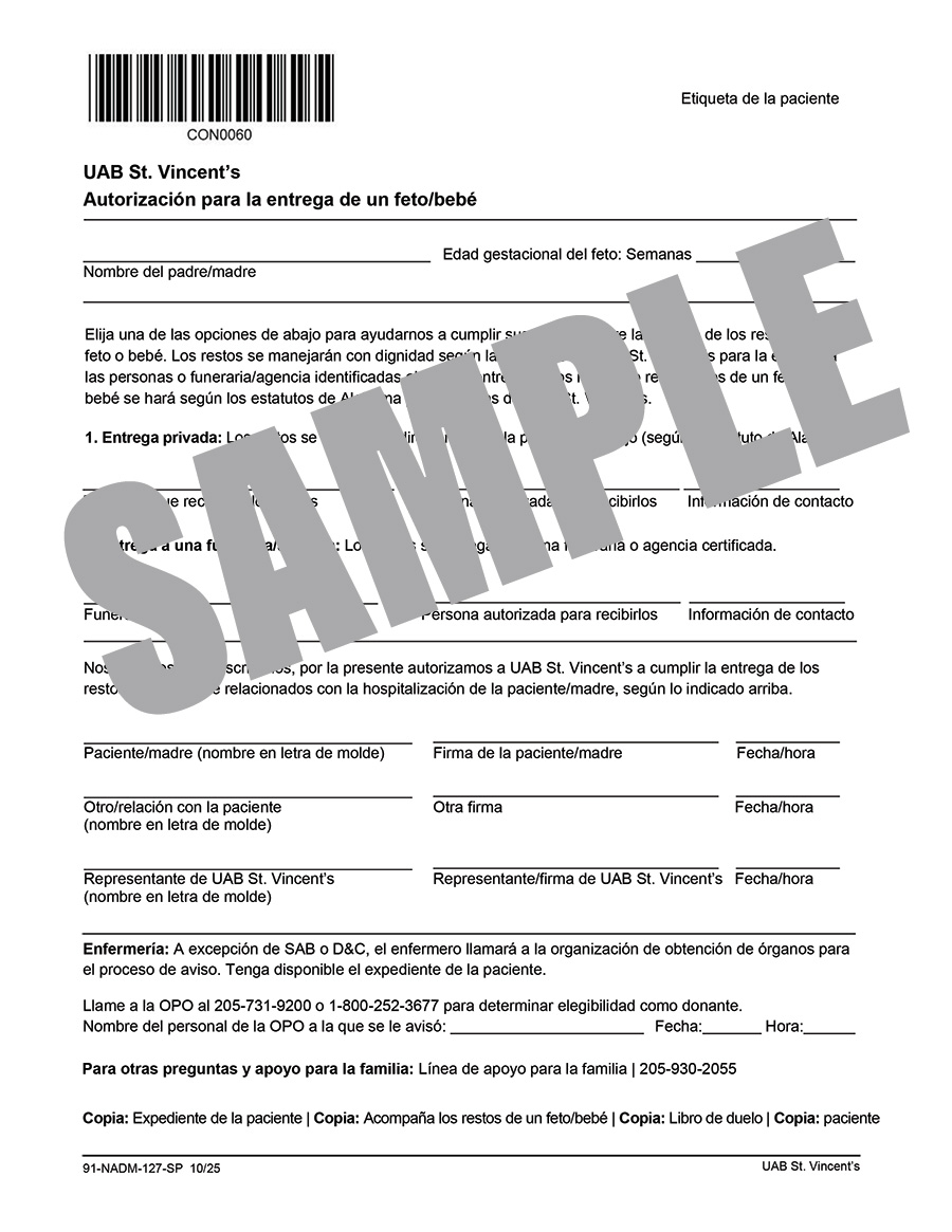 AUTHORIZATION FOR FETAL INFANT DISPOSITION - SPANISH