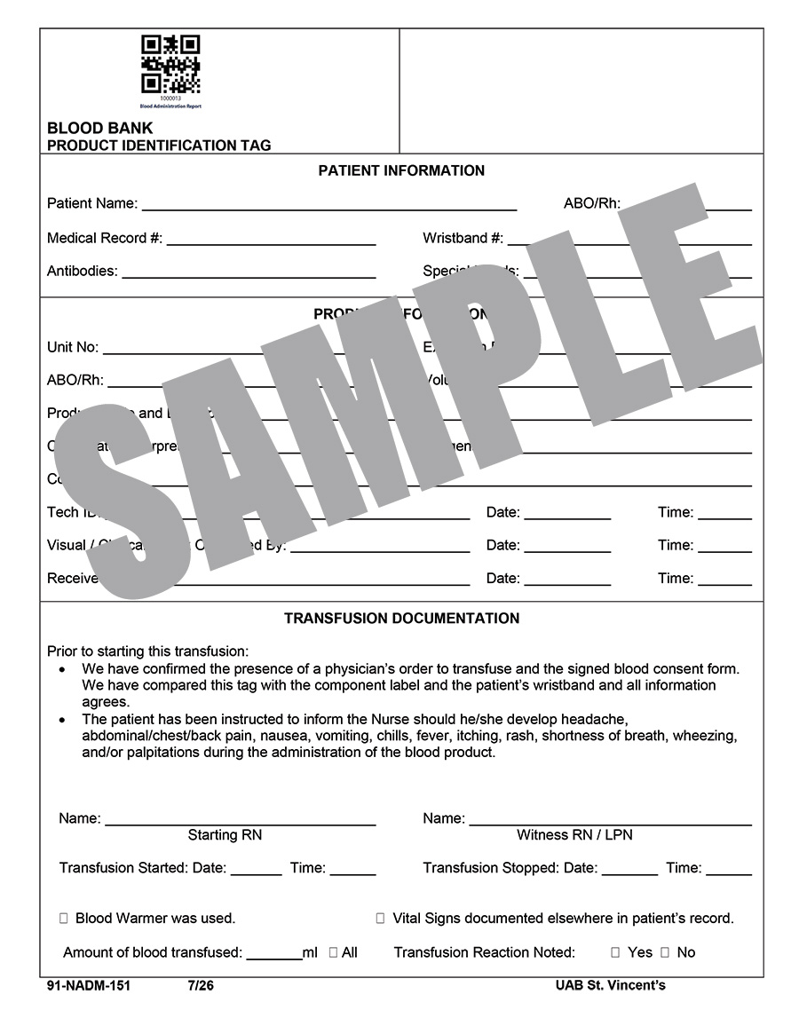 BLOOD BANK DOWNTIME PRODUCT IDENTIFICATION TAG