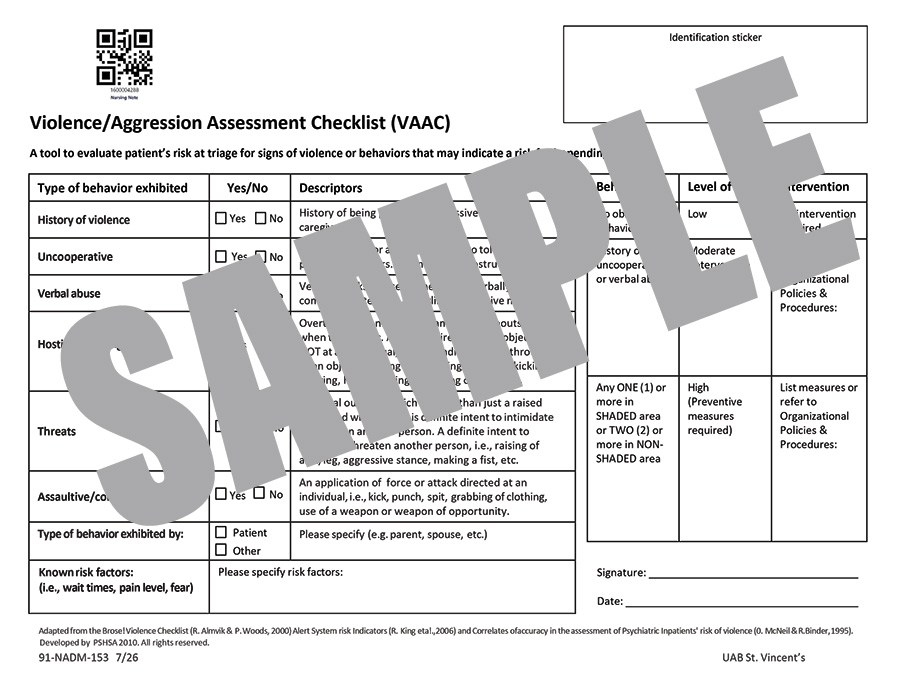 VIOLENCE AGRESSION ASSESSMENT CHECKLIST VACC