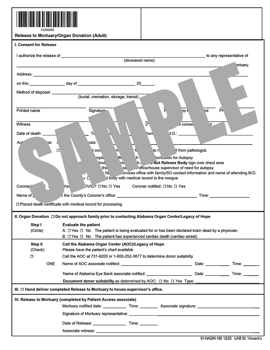 RELEASE TO MORTUARY/ORGAN DONATION - ADULT