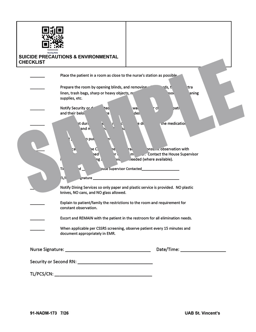 SUICIDE PRECAUTIONS & ENVIRONMENTAL CHECKS - NURSING