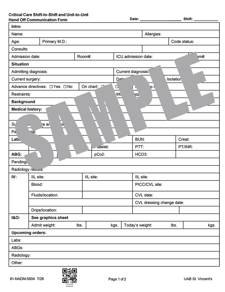 CRITICAL CARE SHIFT TO SHIFT AND UNIT TO UNIT HANDOFF COMMUNICATION FORM