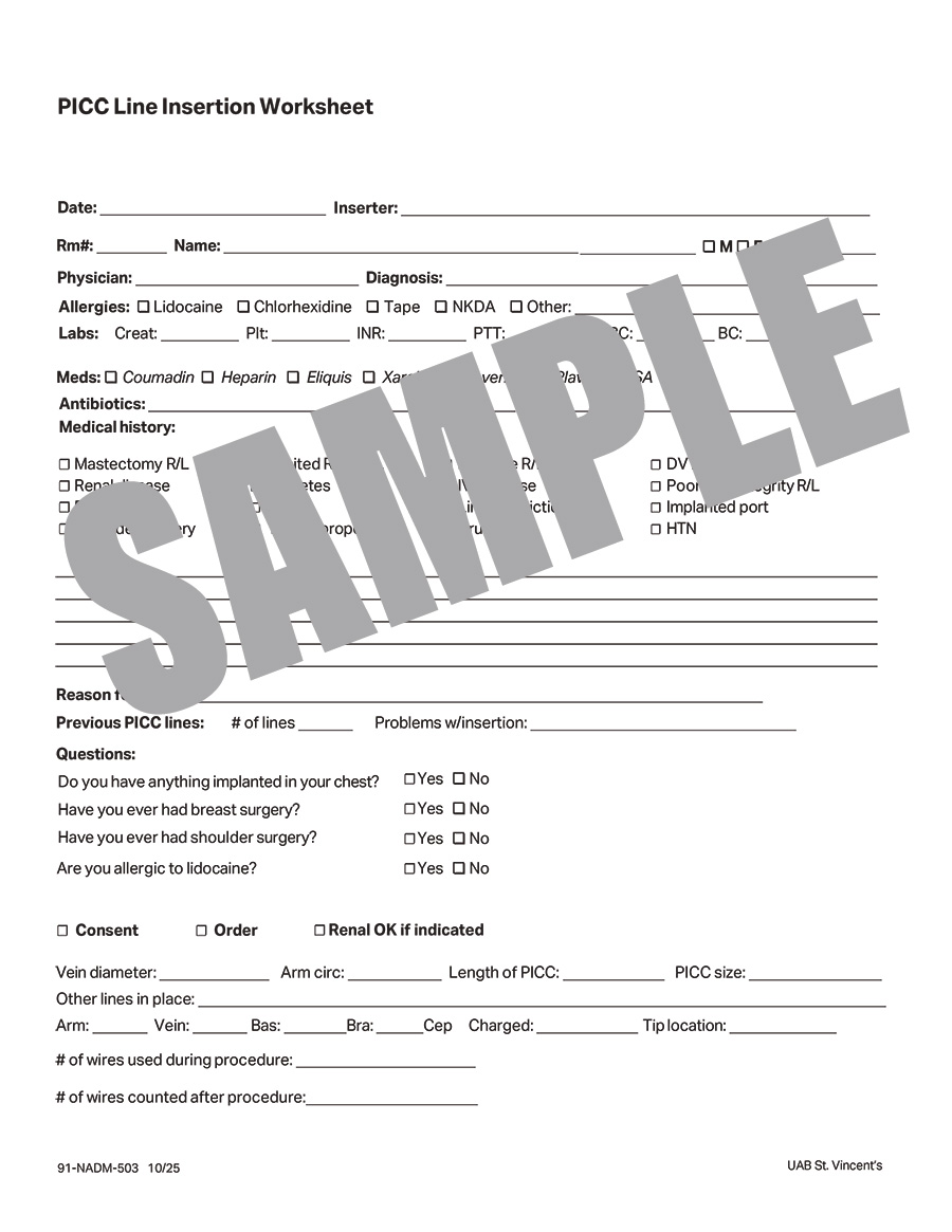 PICC LINE INSERTION WORKSHEET