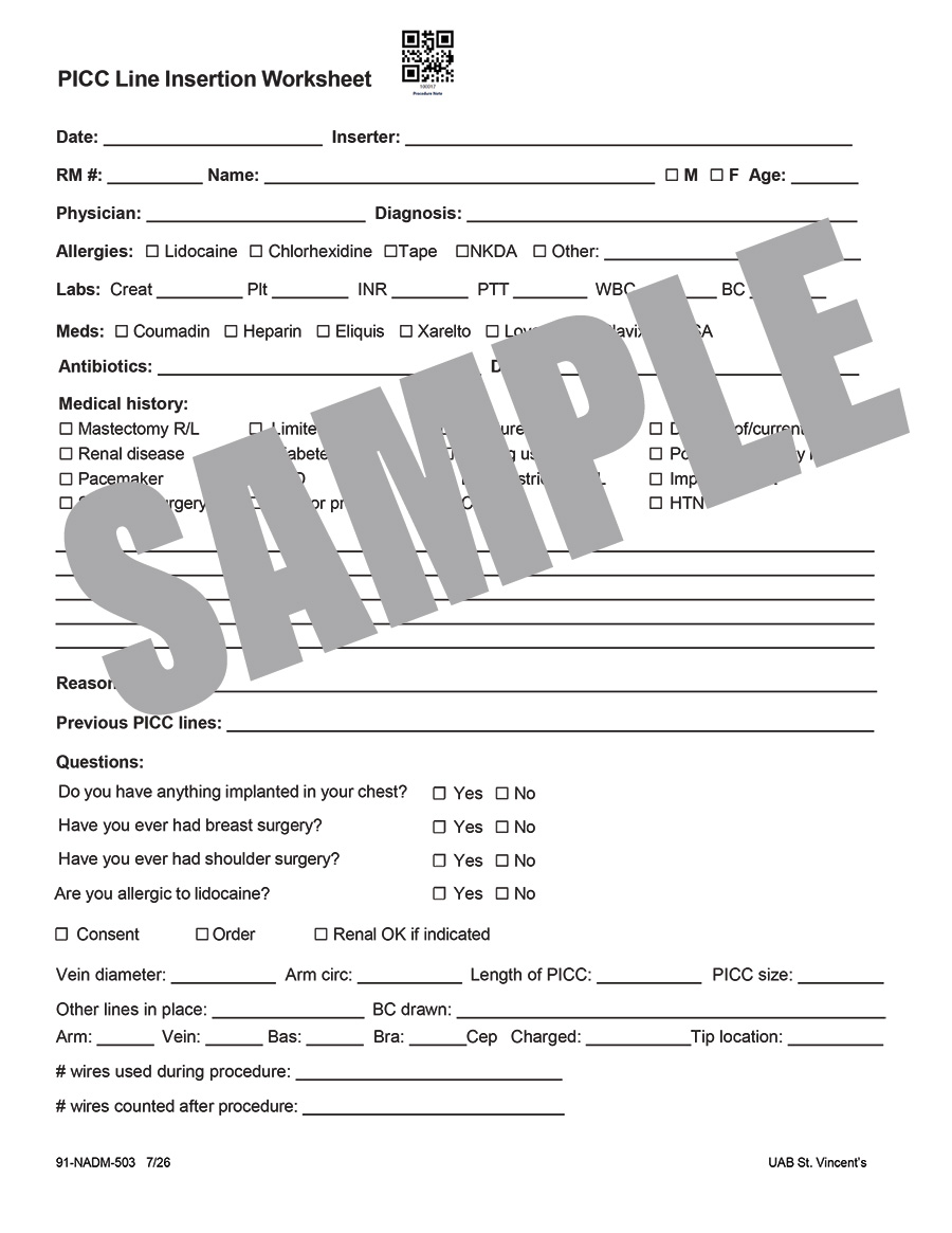PICC LINE INSERTION WORKSHEET