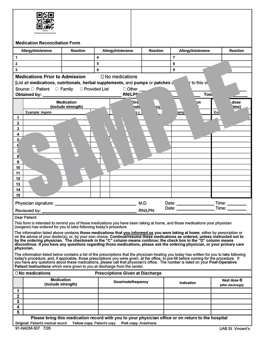 MEDICATION RECONCILATION FORM