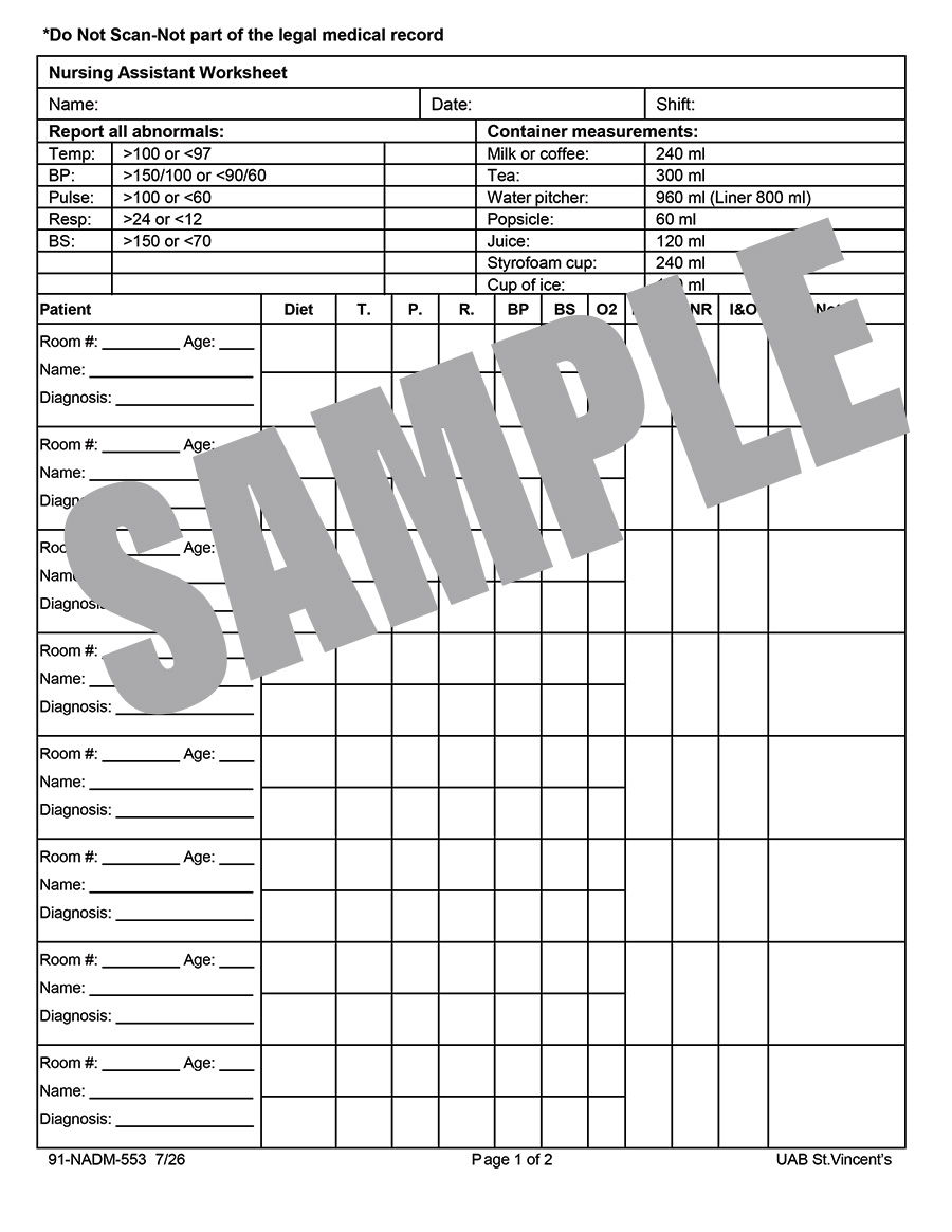 NURSING ASSISTANT WORKSHEET