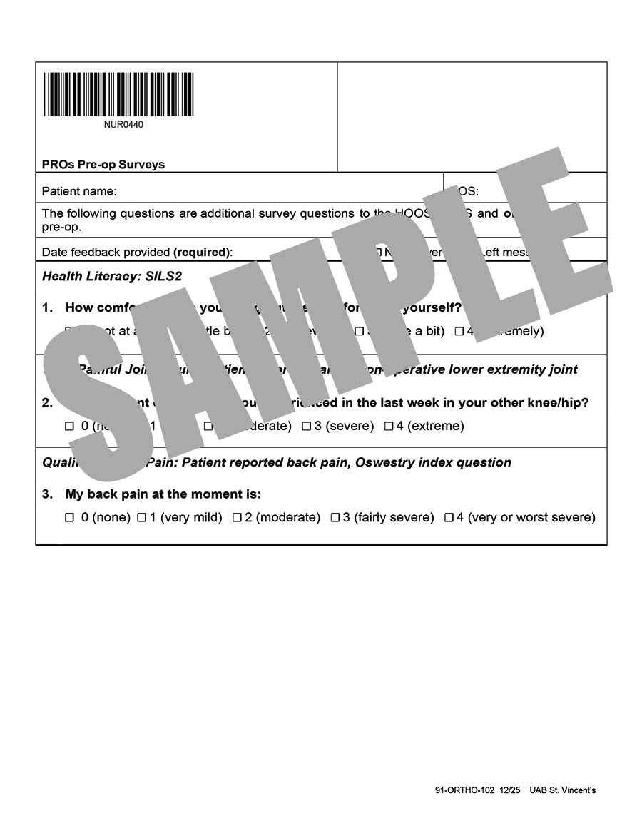 PROs PRE-OP SURVEY QUESTIONS FOR CMS