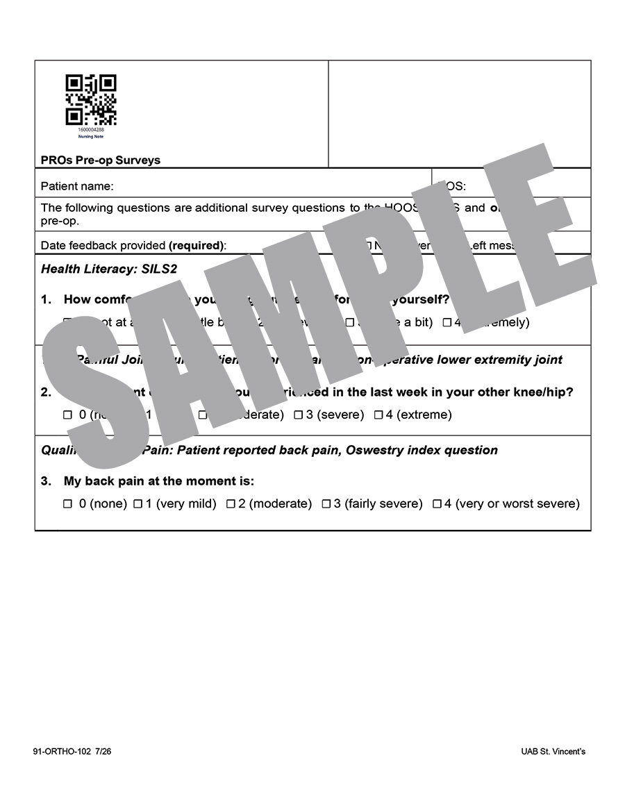 PROs PRE-OP SURVEY QUESTIONS FOR CMS