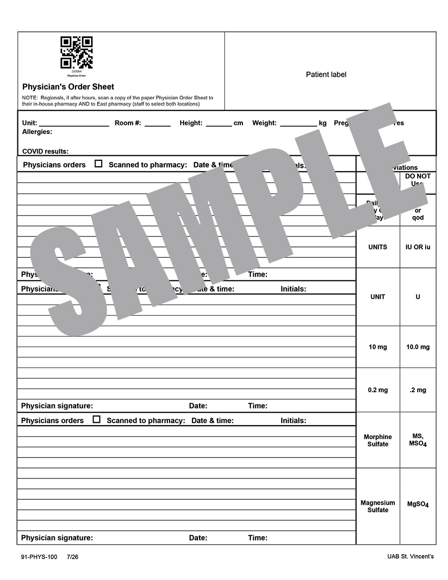PHYSICIAN ORDER SHEET