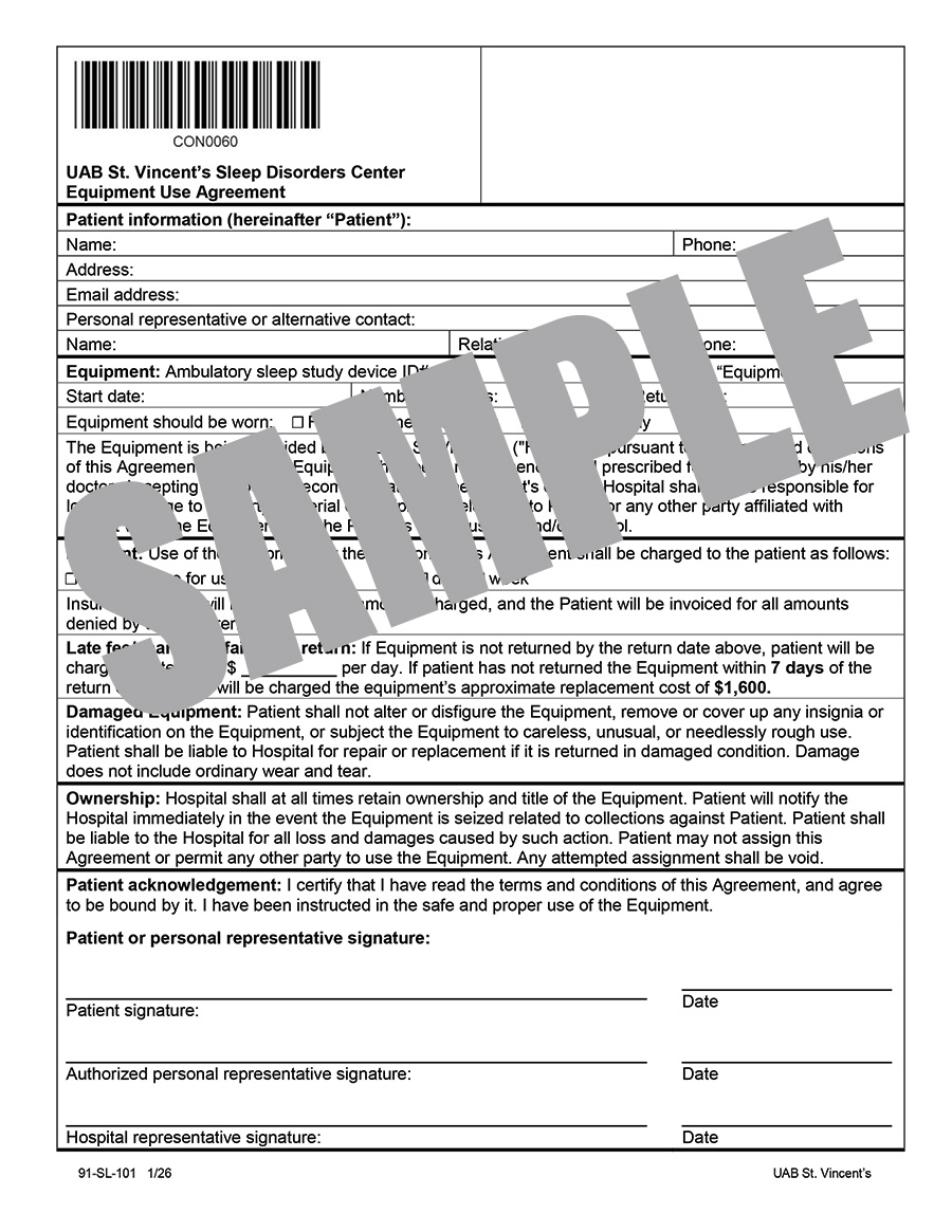 SLEEP CENTER EQUIPMENT USE AGREEMENT
