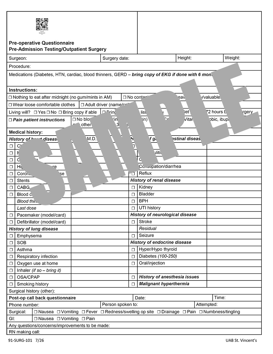 PRE-OP QUESTIONNAIRE PRE-ADMISSION TESTING OP SURGERY