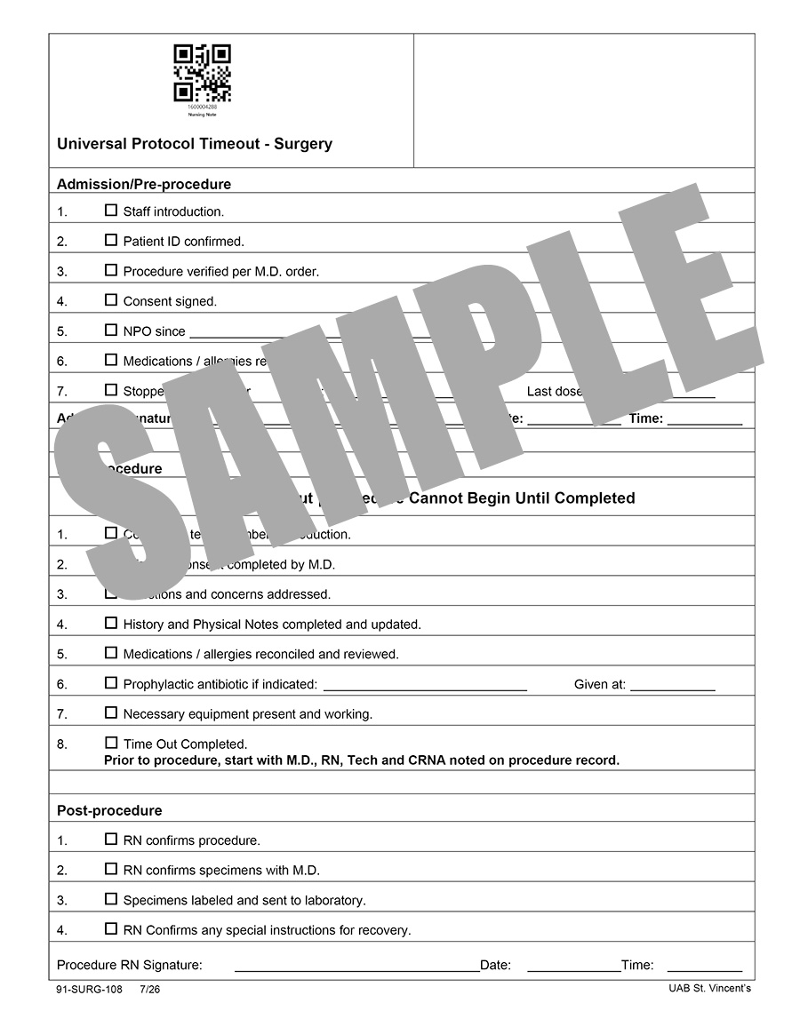 UNIVERSAL PROTOCOL CHECKLIST