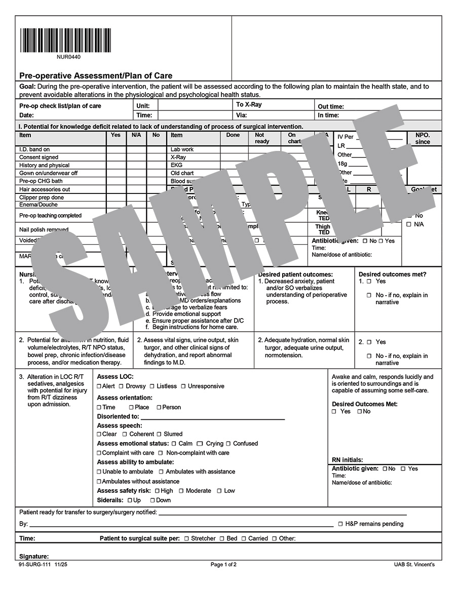 PRE-OP ASSESSMENT PLAN OF CARE