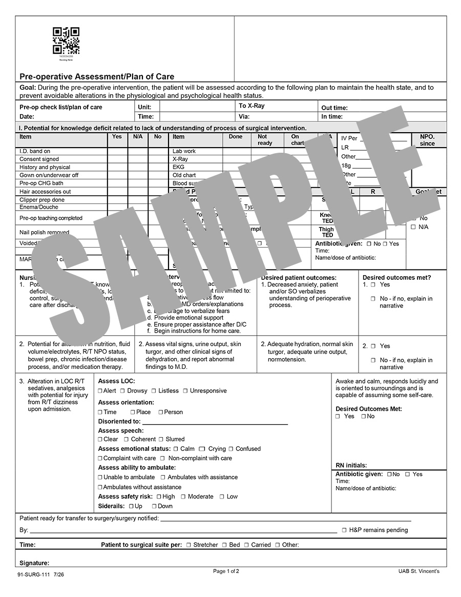 PRE-OP ASSESSMENT PLAN OF CARE
