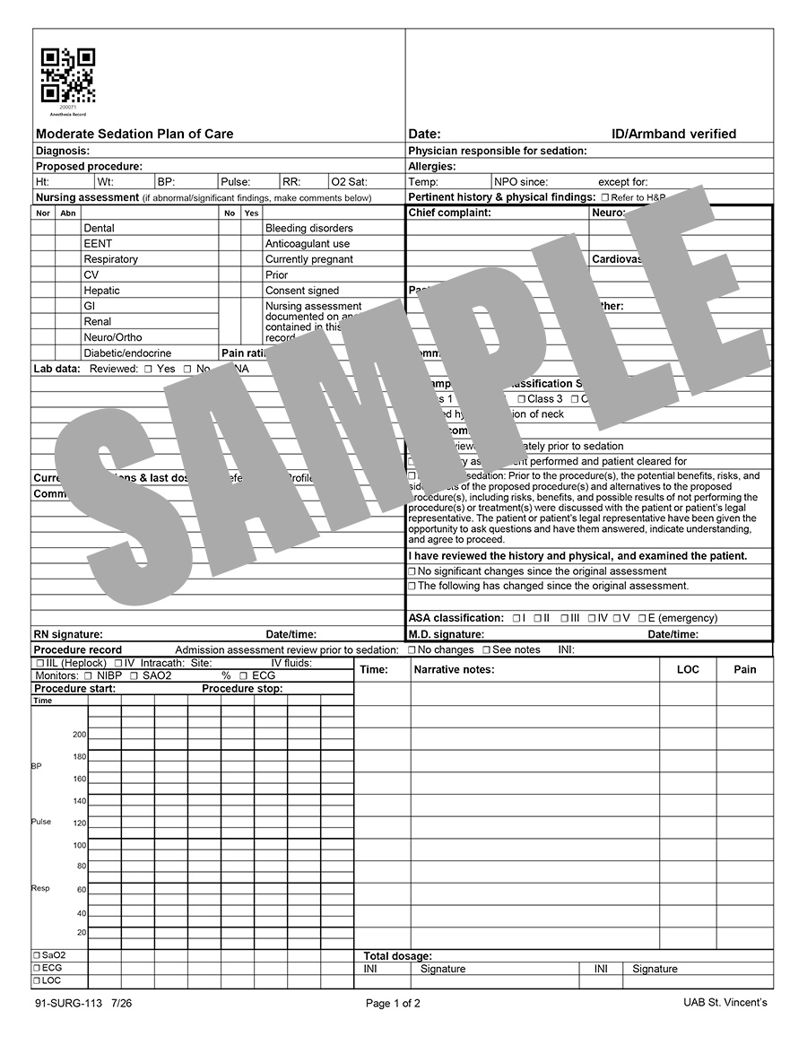 MODERATE SEDATION PLAN OF CARE