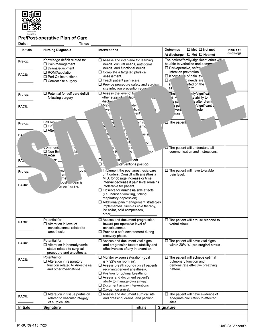 PRE-POST OPERATIVE PLAN OF CARE