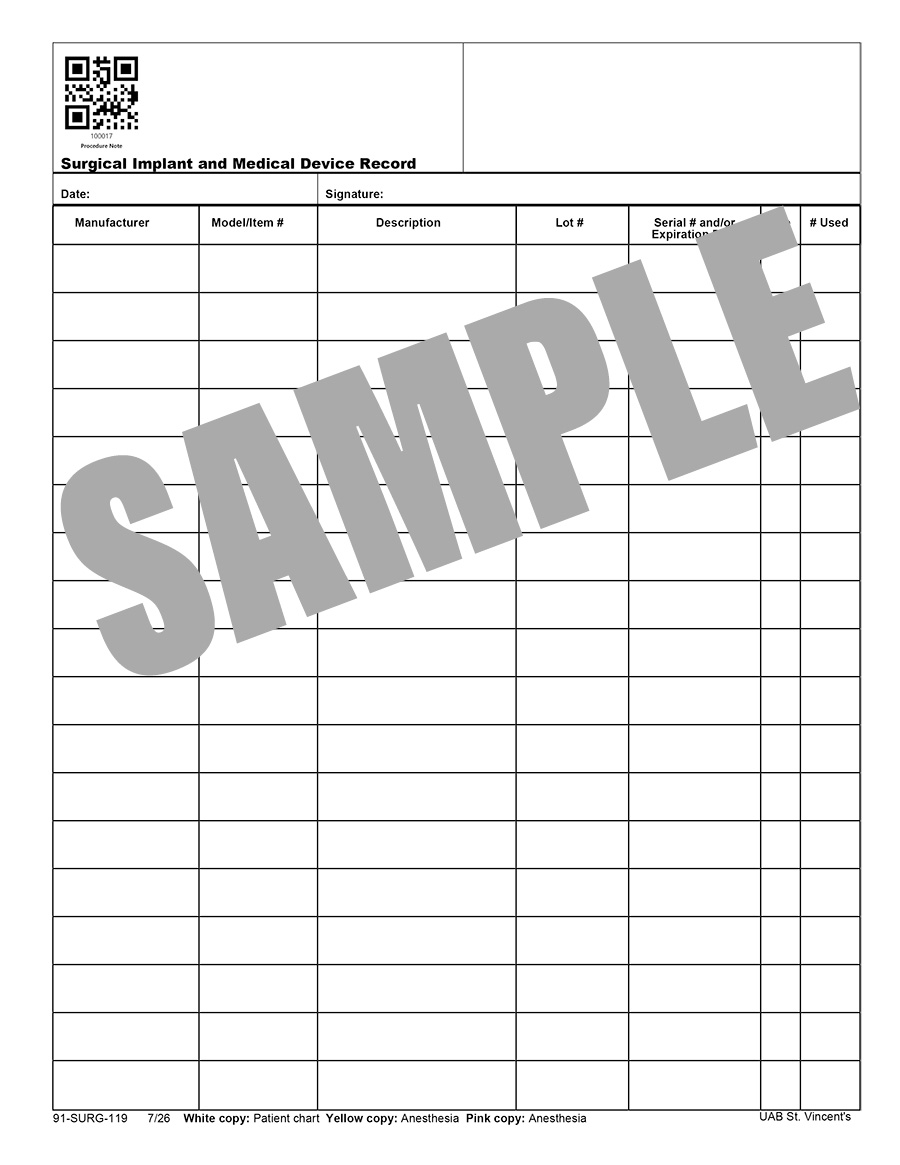 SURGICAL IMPLANT AND MEDICAL DEVICE RECORD