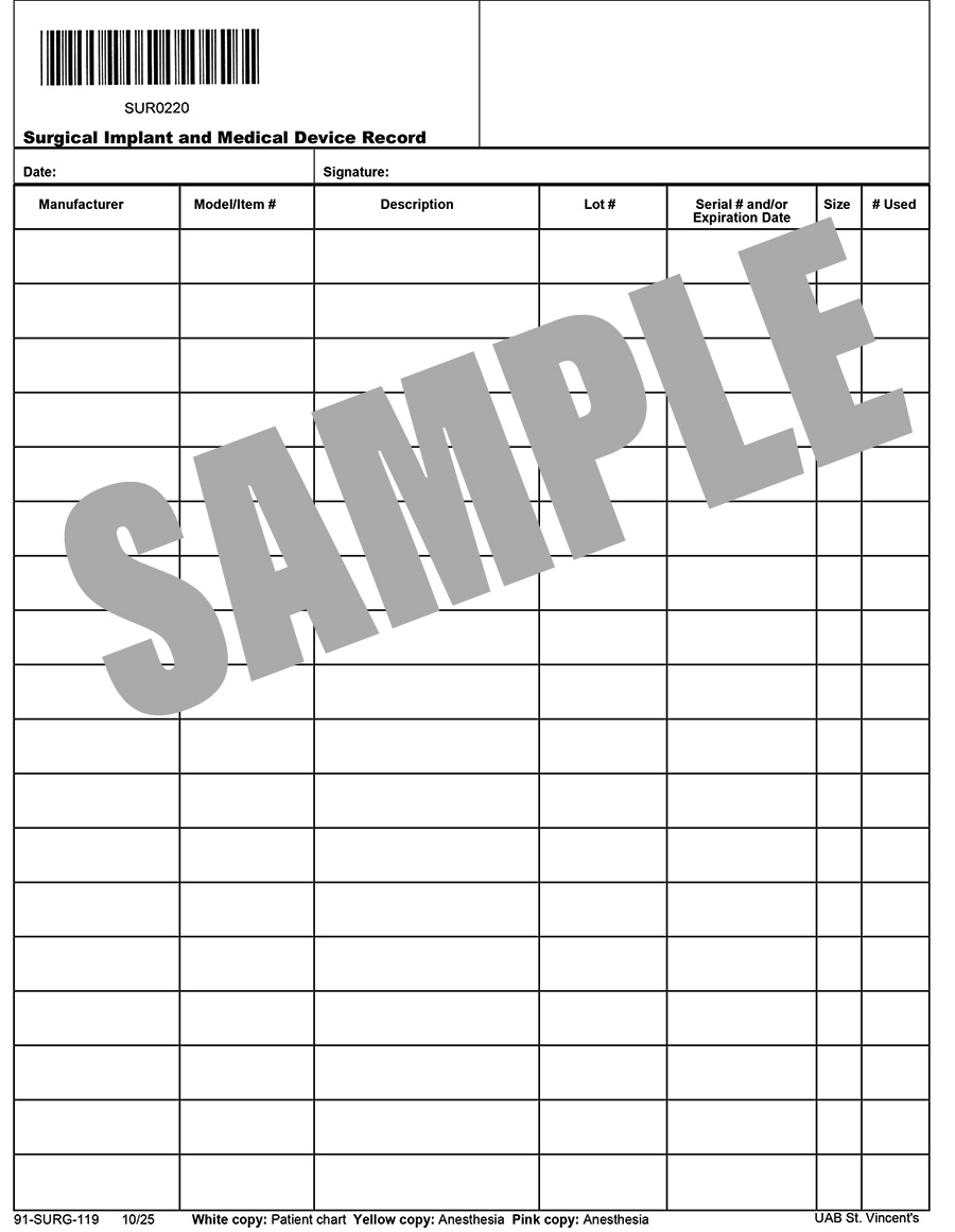 SURGICAL IMPLANT AND MEDICAL DEVICE RECORD