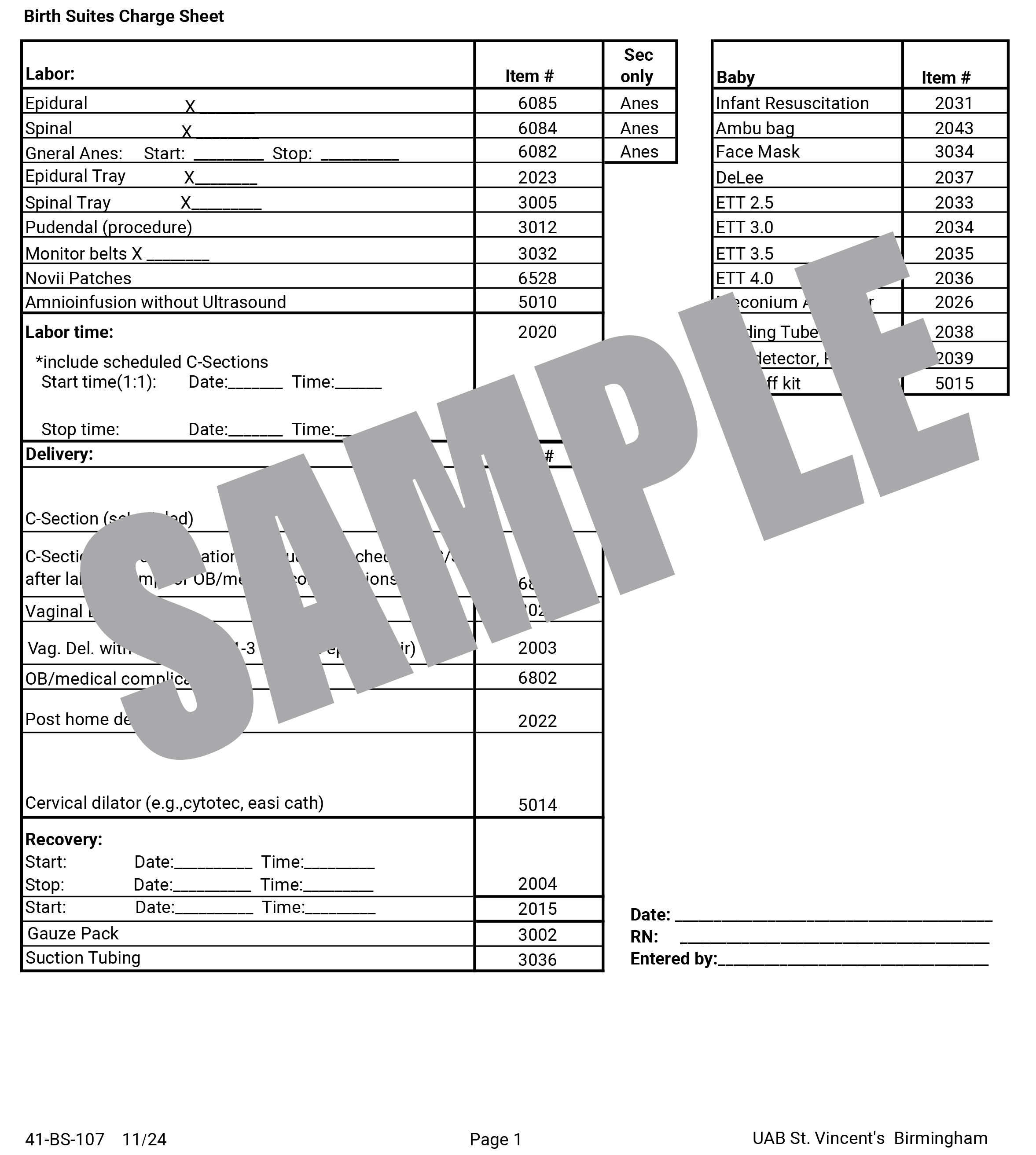 UAB BIRTH SUITES CHARGE SHEET