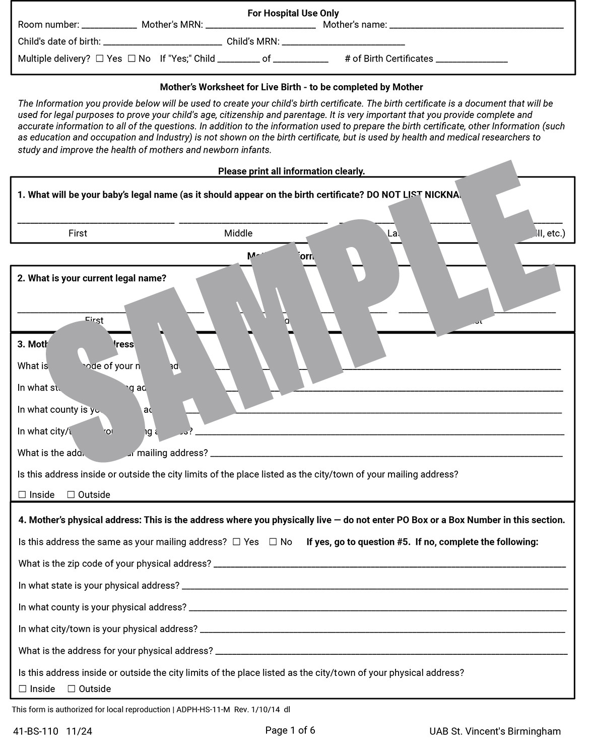 UAB MOTHERS WORKSHEET FOR LIVE BIRTH