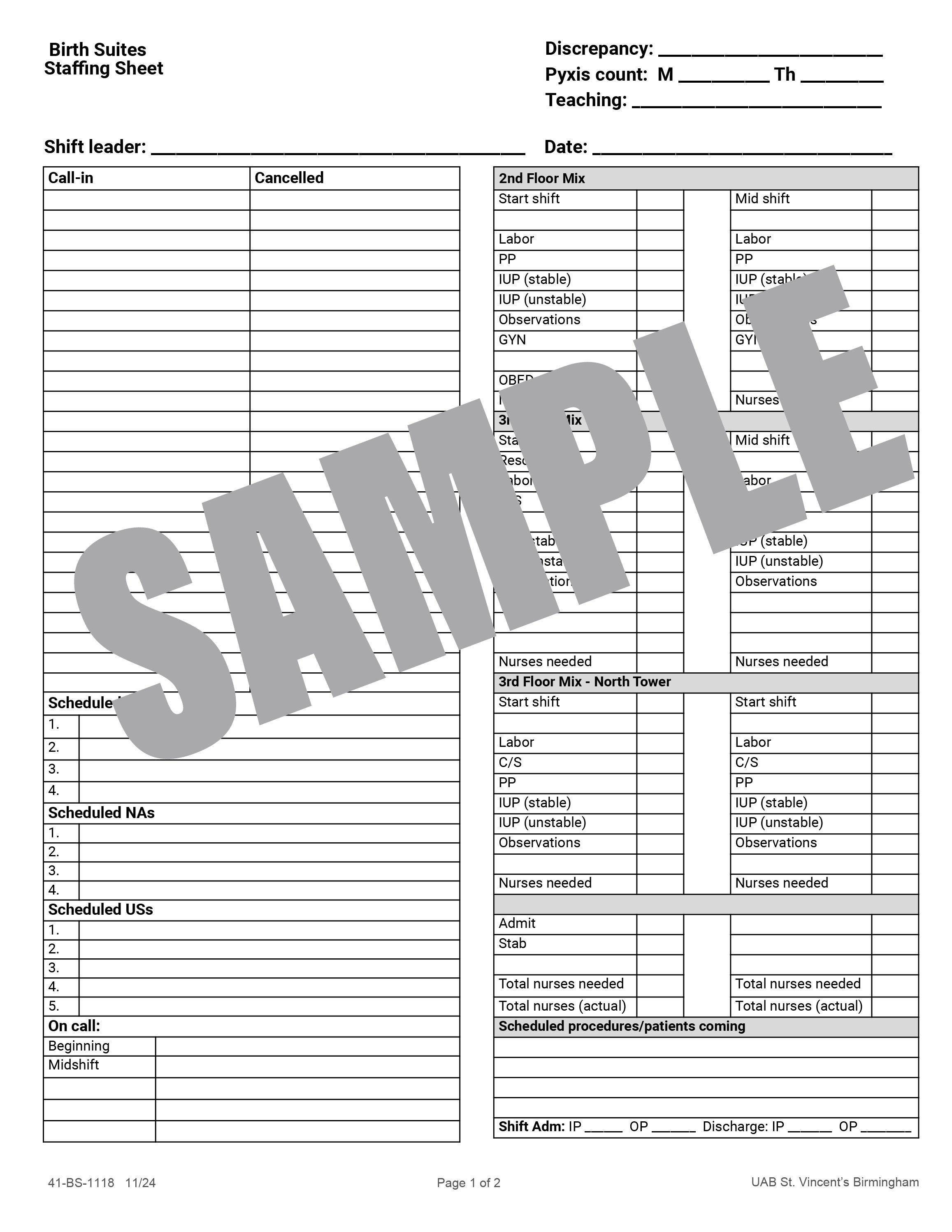 UAB BIRTH SUITES STAFFING SHEET