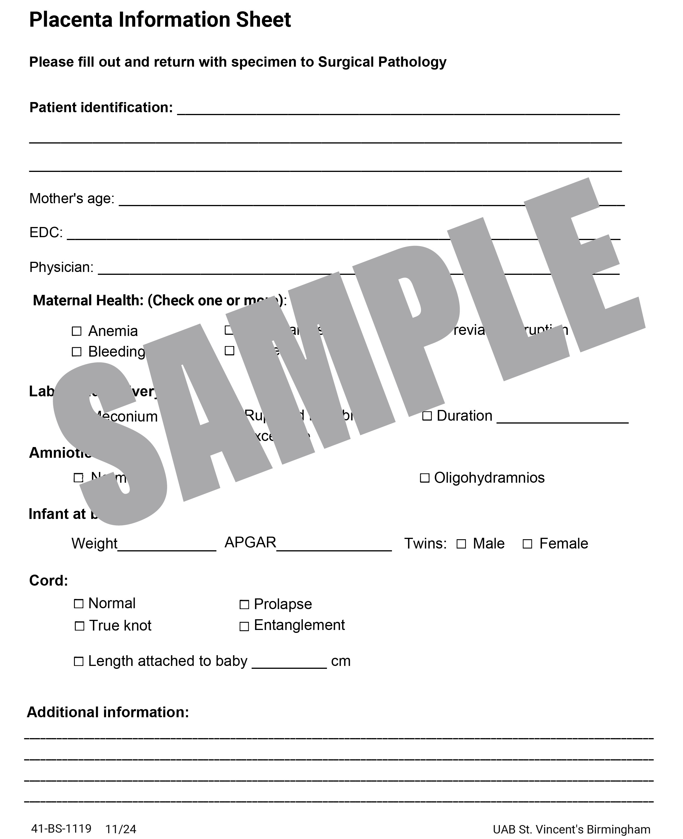 UAB PLACENTA INFORMATION SHEET