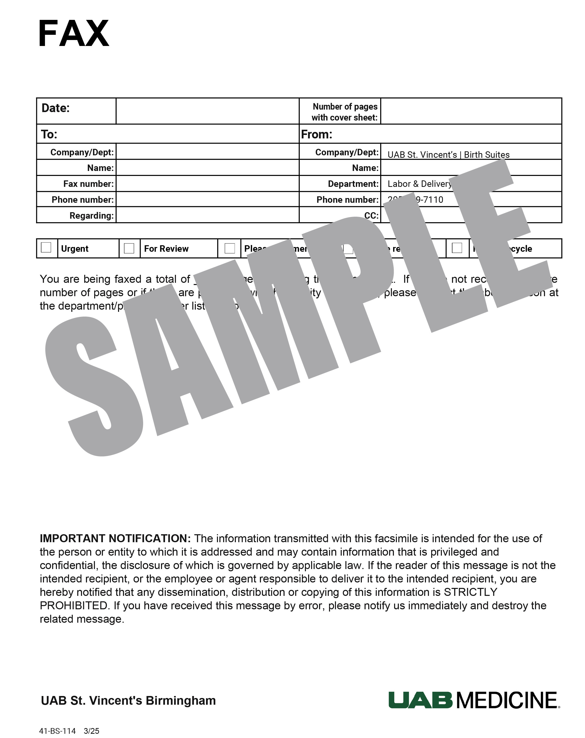 UAB BIRTH SUITES FAX SHEET