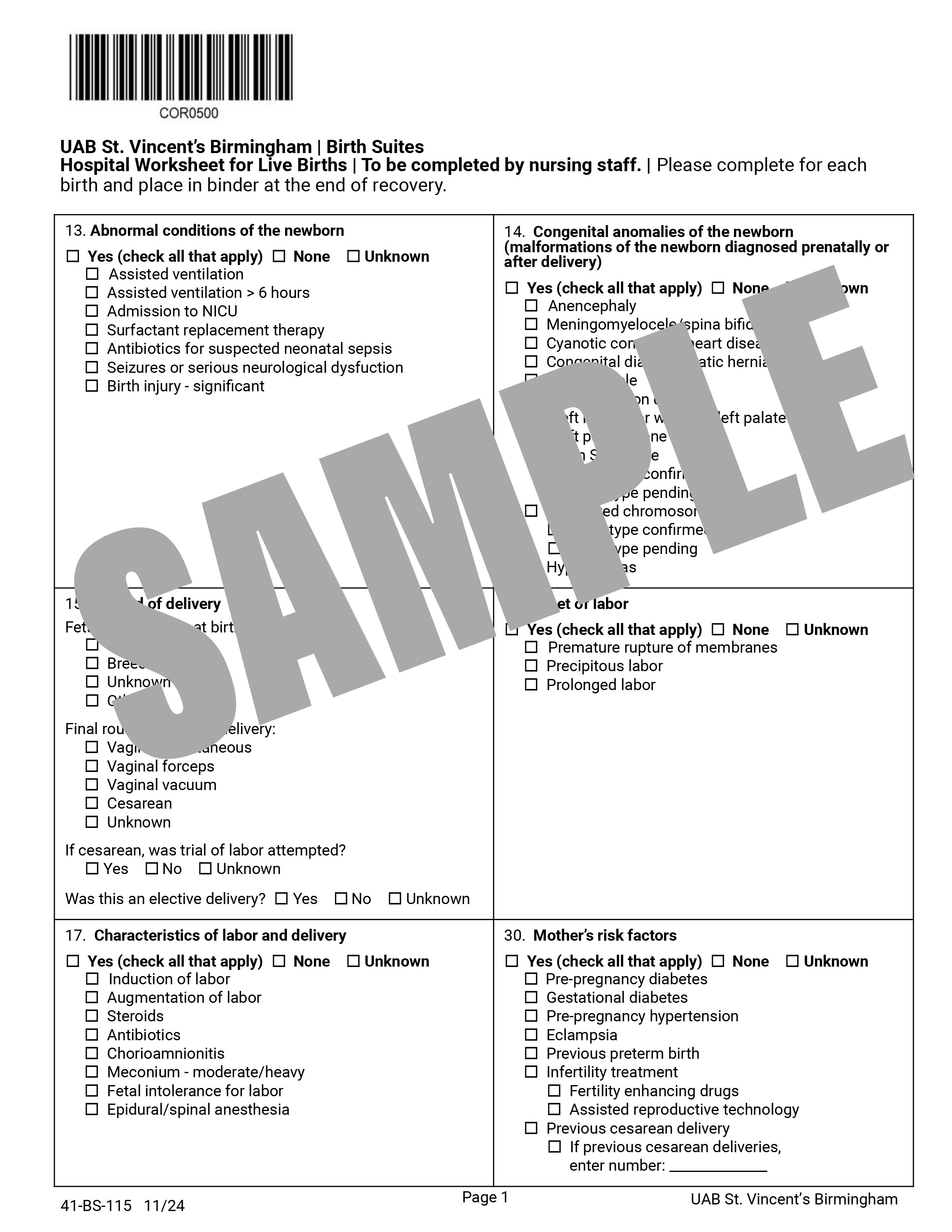 UAB HOSPITAL WORKSHEET FOR LIVE BIRTHS