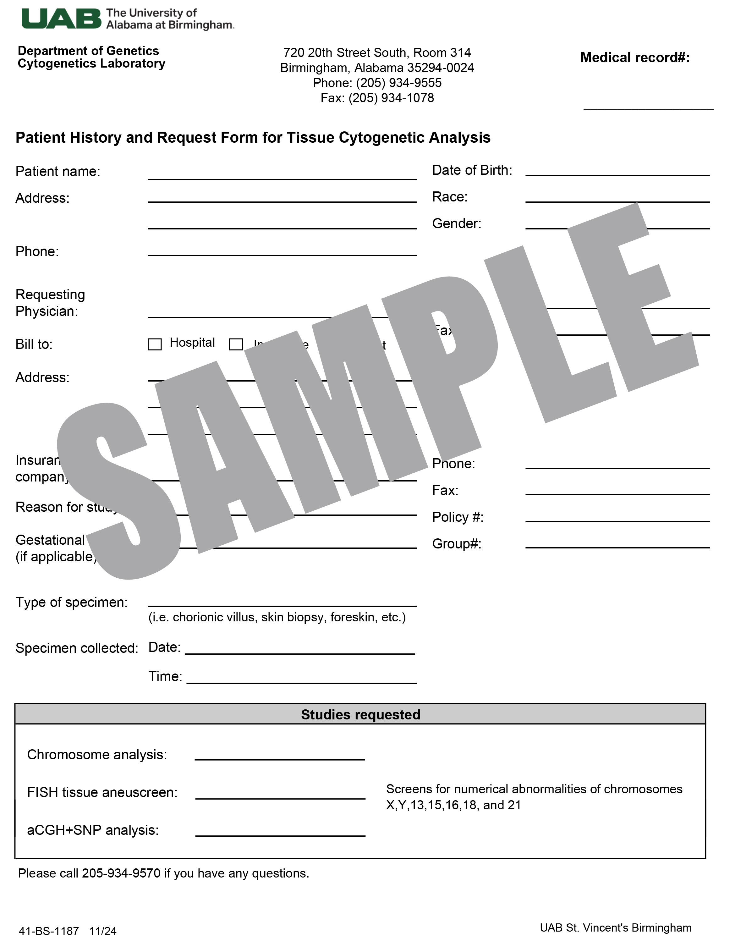 UAB CYTOGENETICS LAB FORM