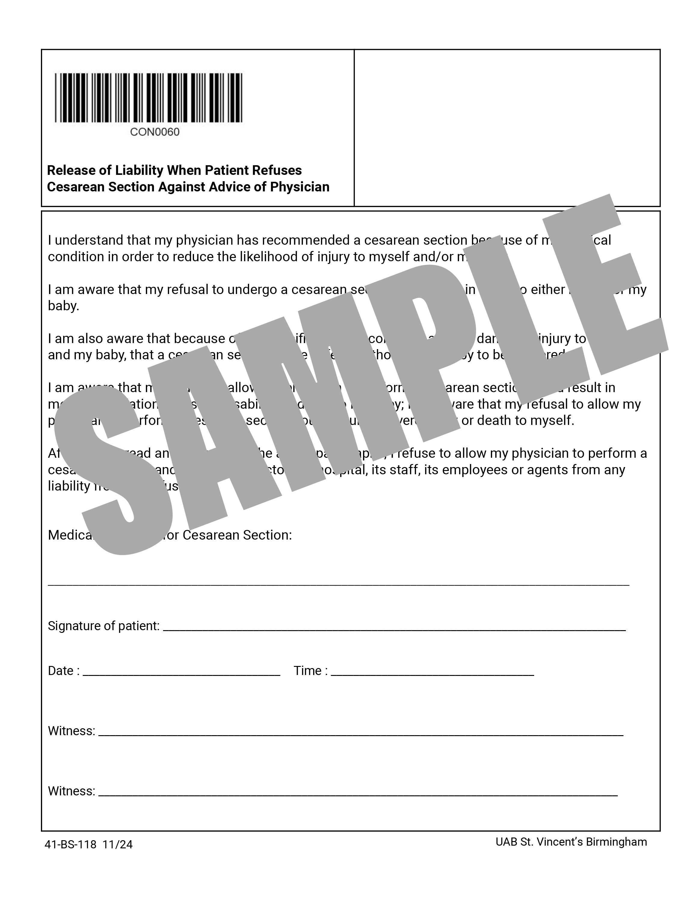 UAB RELEASE OF LIABILITY WHEN PT REFUSES C-SEC AGAINST ADVICE OF MD