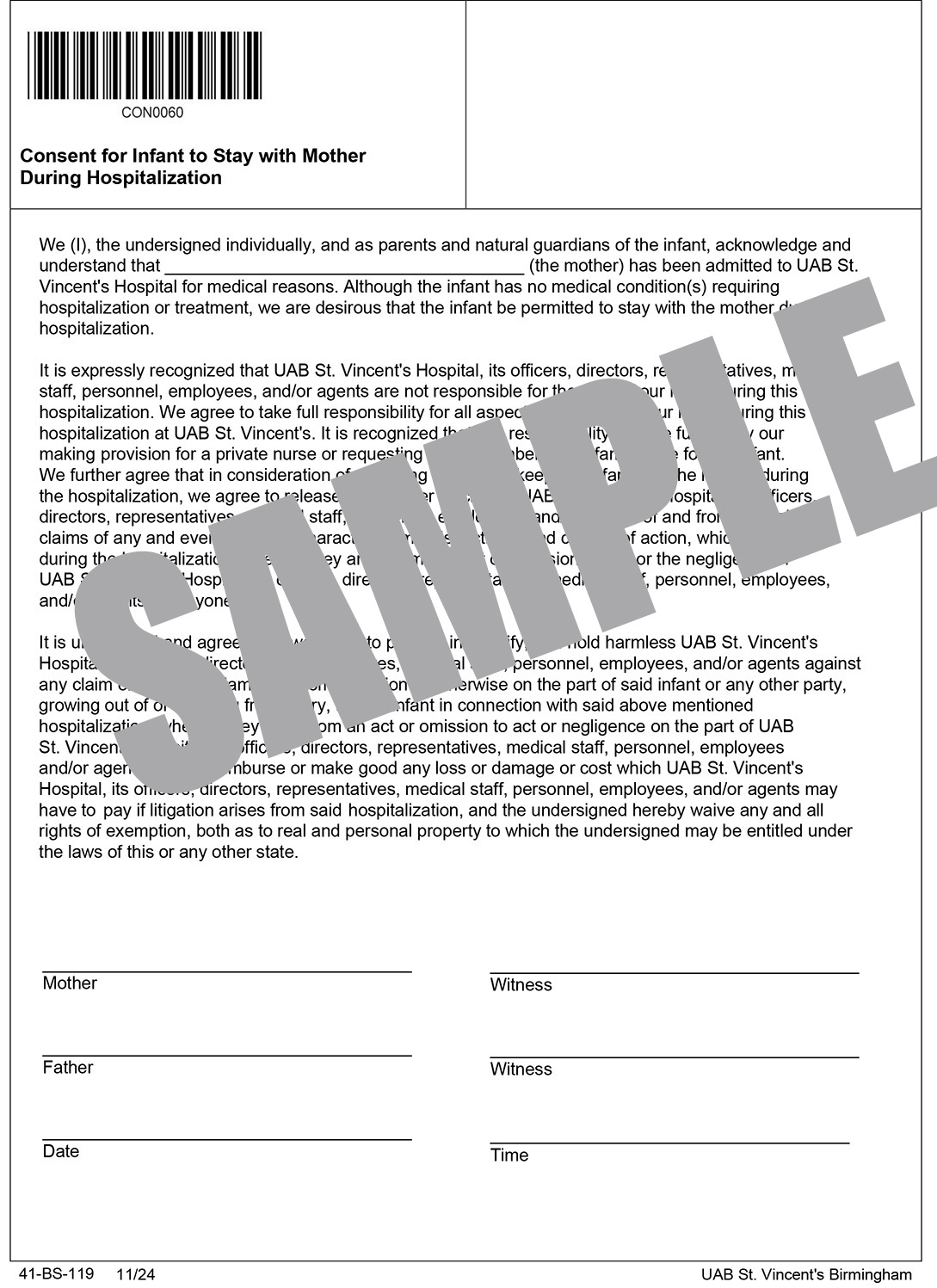 CONSENT FOR INFANT TO STAY WITH MOTHER