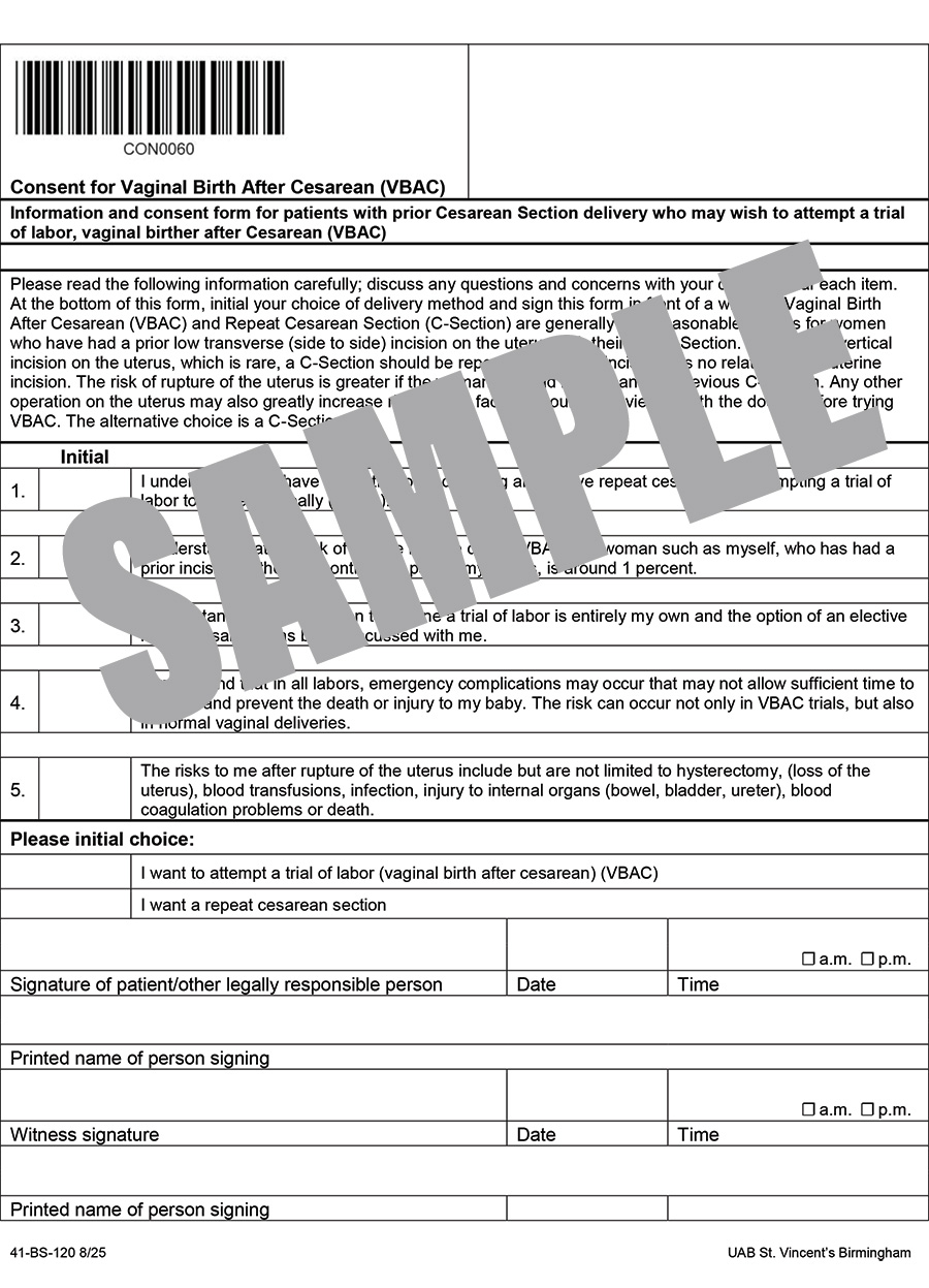 CONSENT FOR VAGINAL BIRTH AFTER CESAREAN (VBAC)