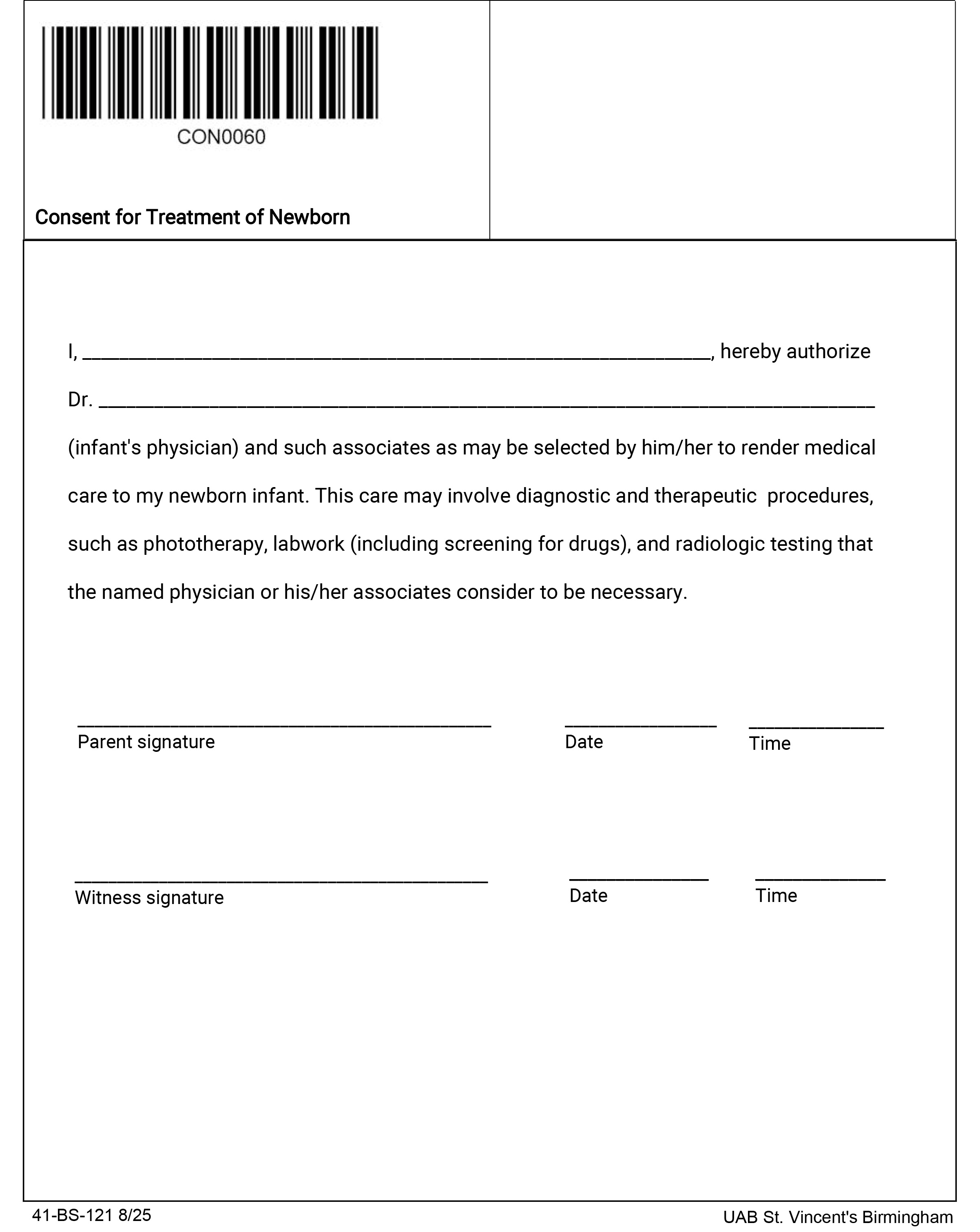 CONSENT FOR TREATMENT OF NEWBORN