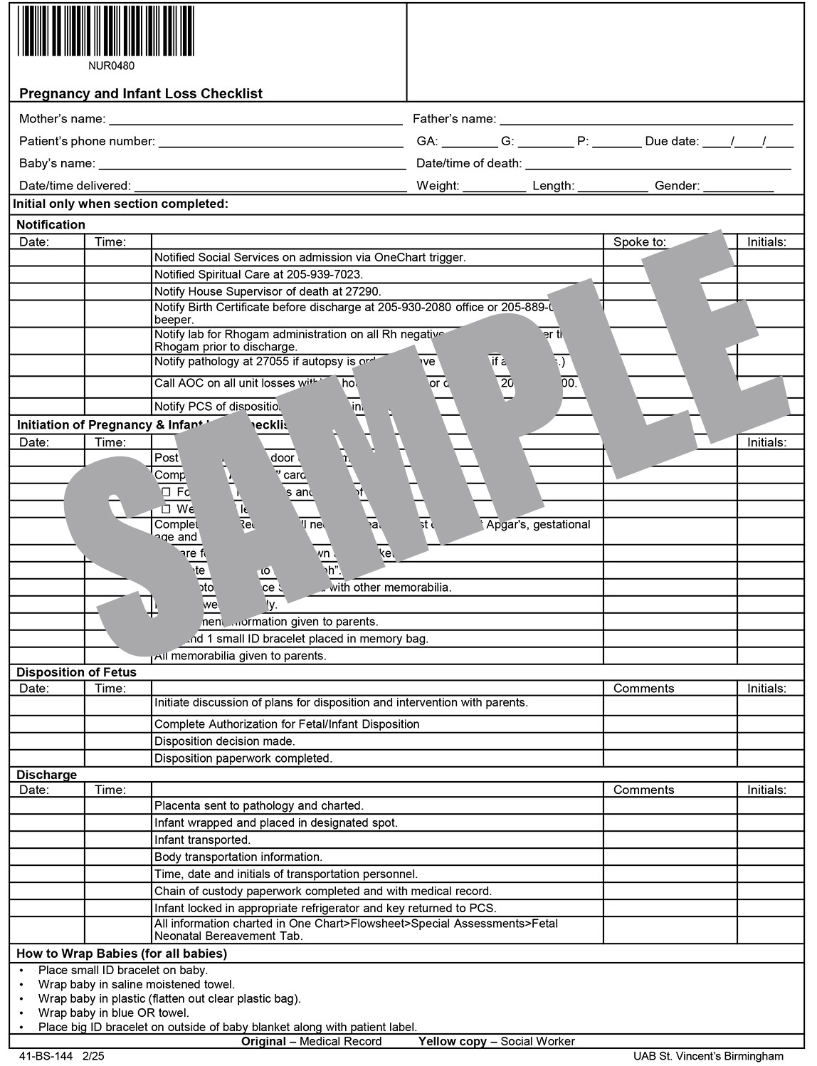PREGNANCY AND INFANT LOSS CHECKLIST