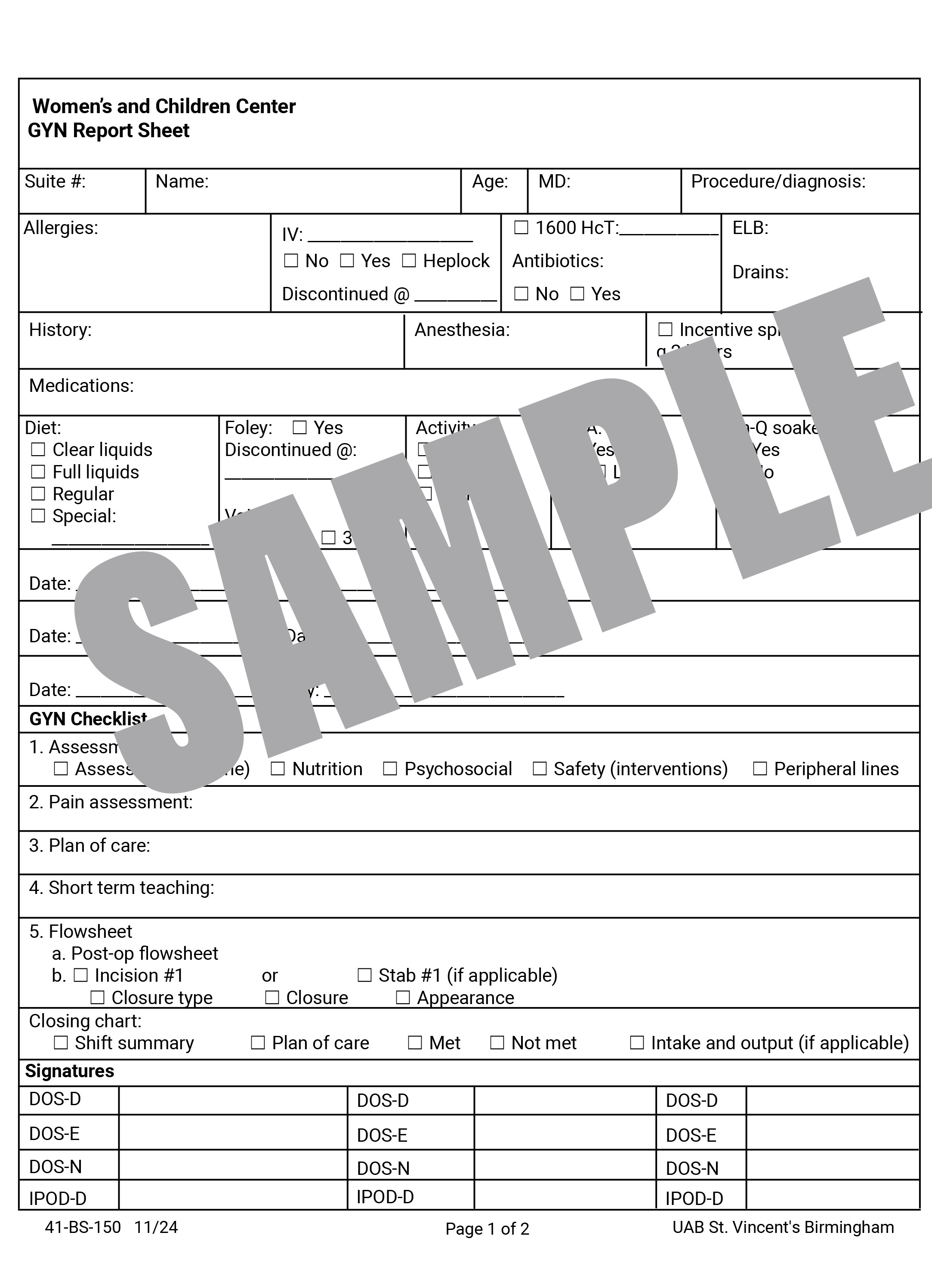 UAB GYN REPORT SHEET