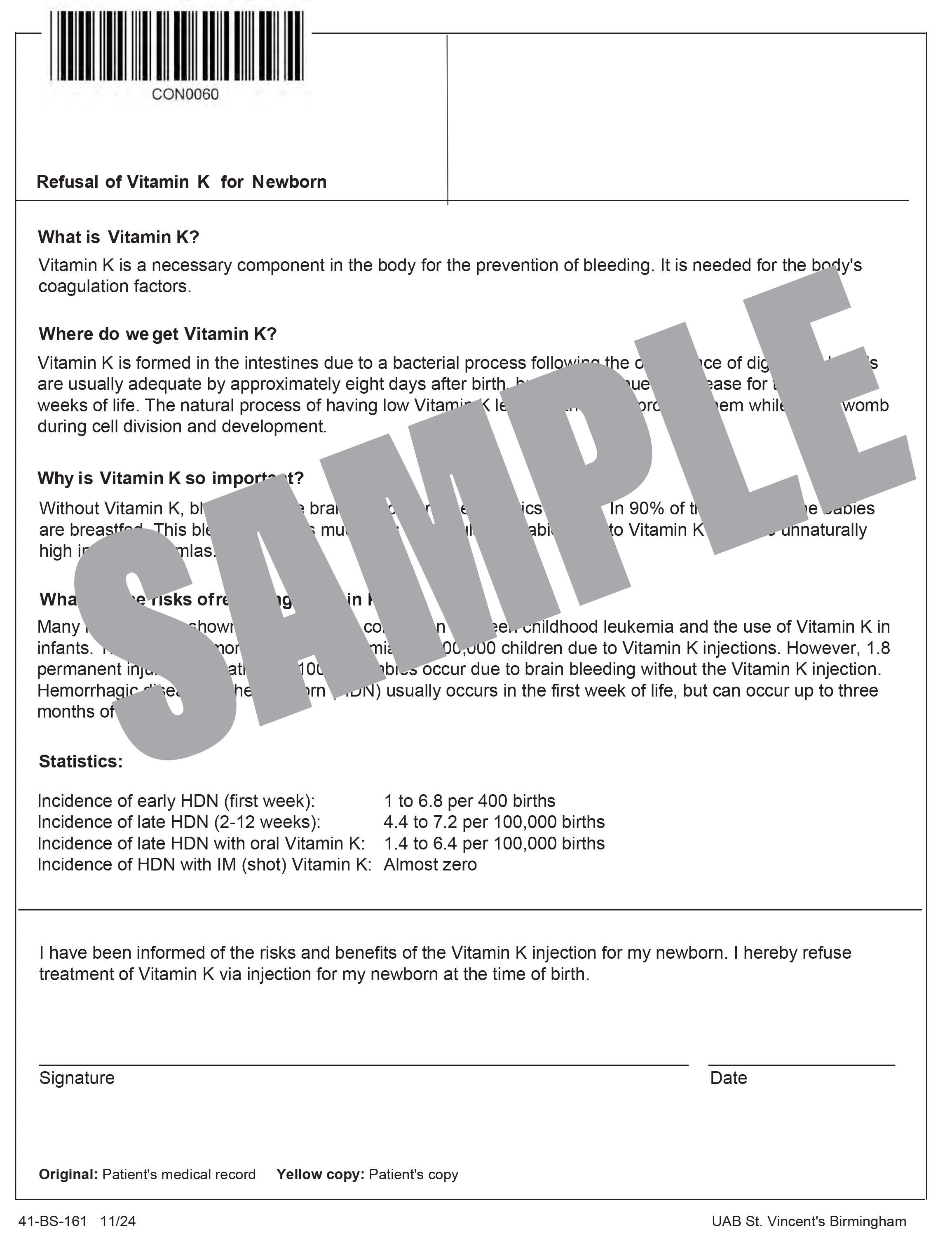 UAB VITAMIN K REFUSAL FORM