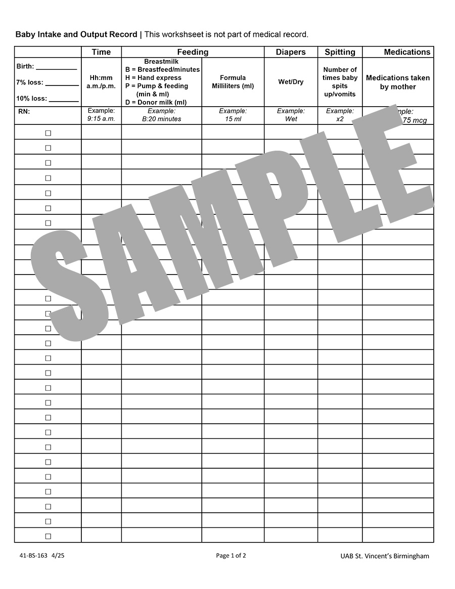 UAB BABY INTAKE AND OUTPUT RECORD