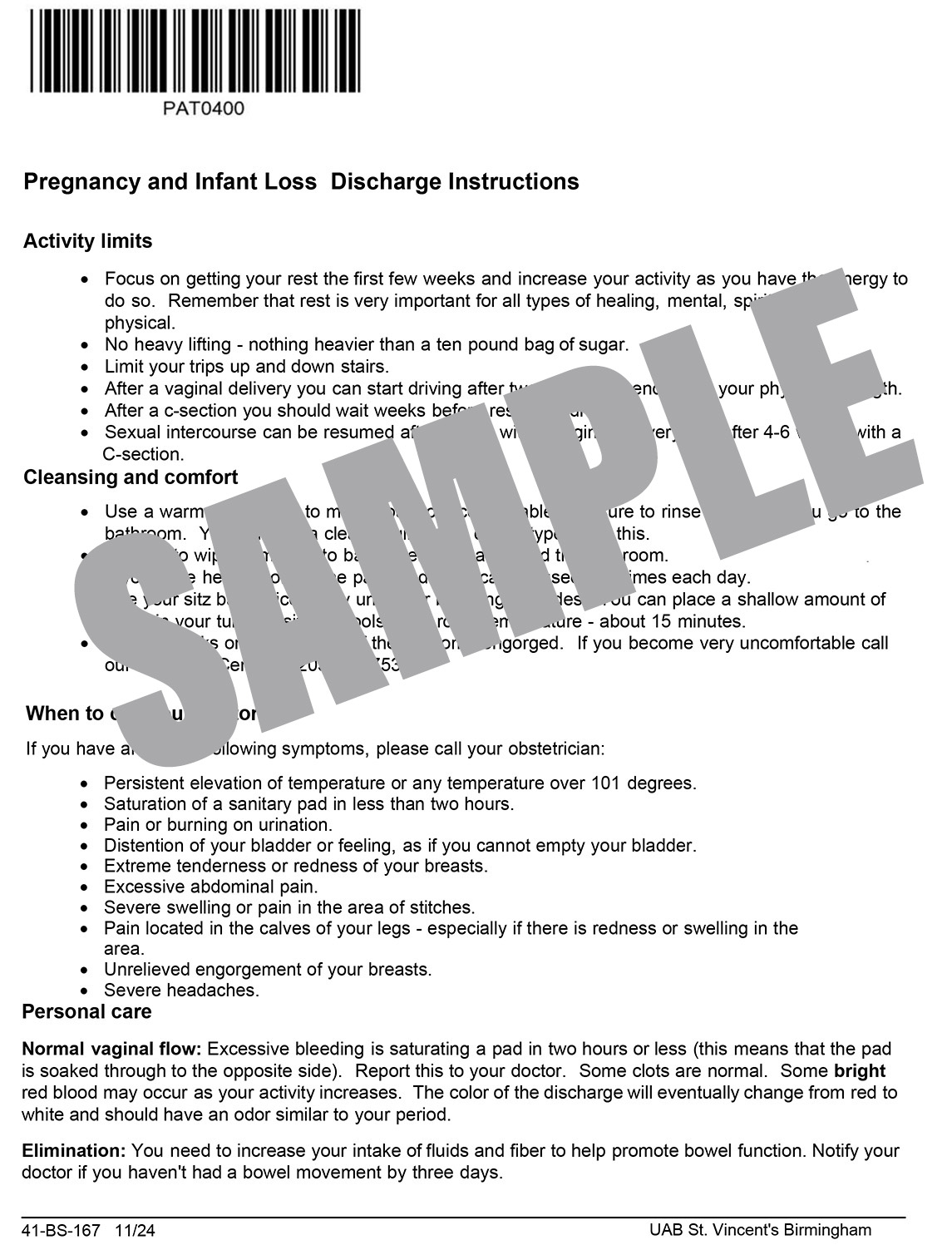 UAB PREGNANCY AND INFANT LOSS DISCHARGE INSTRUCTIONS