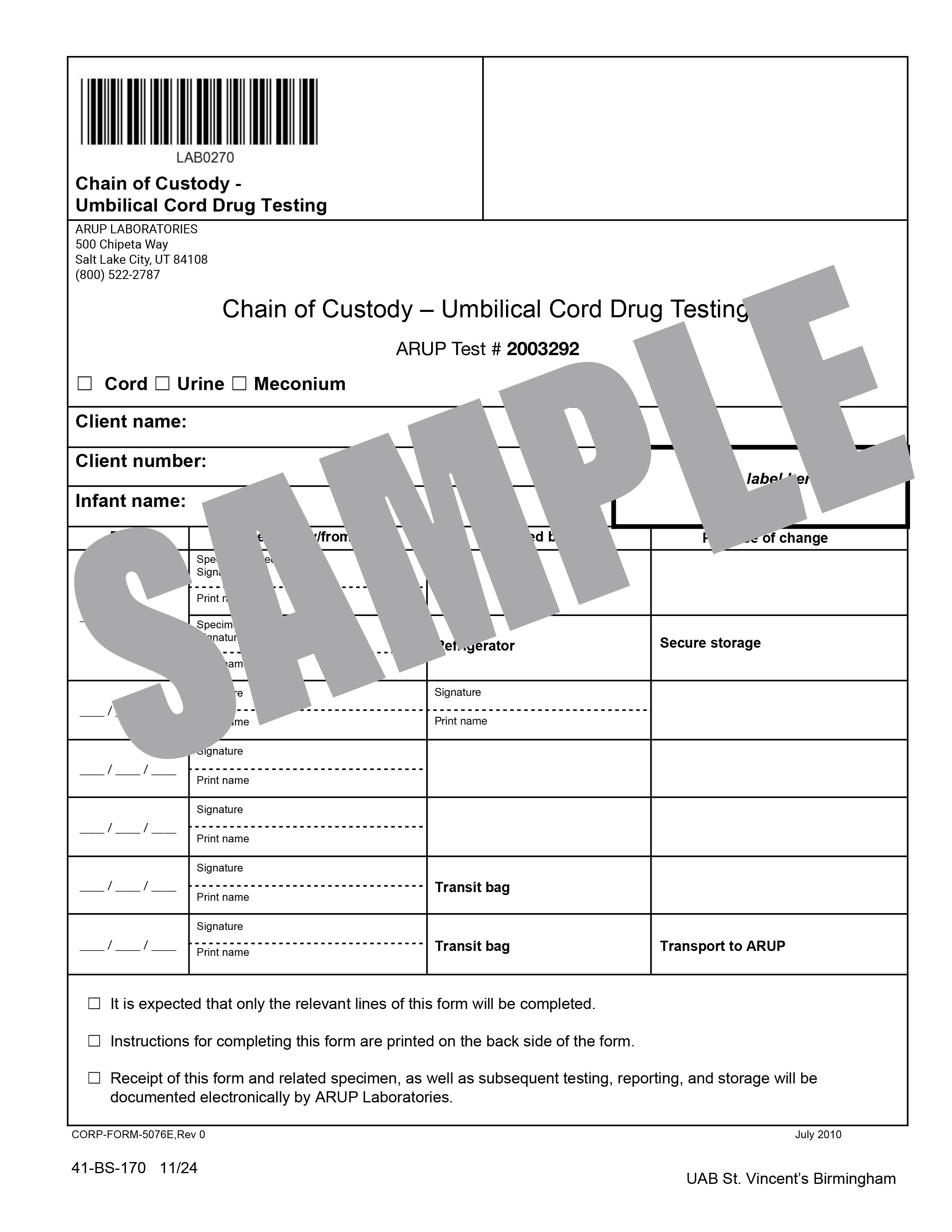 CHAIN OF CUSTODY - UMBILICAL CORD TESTING