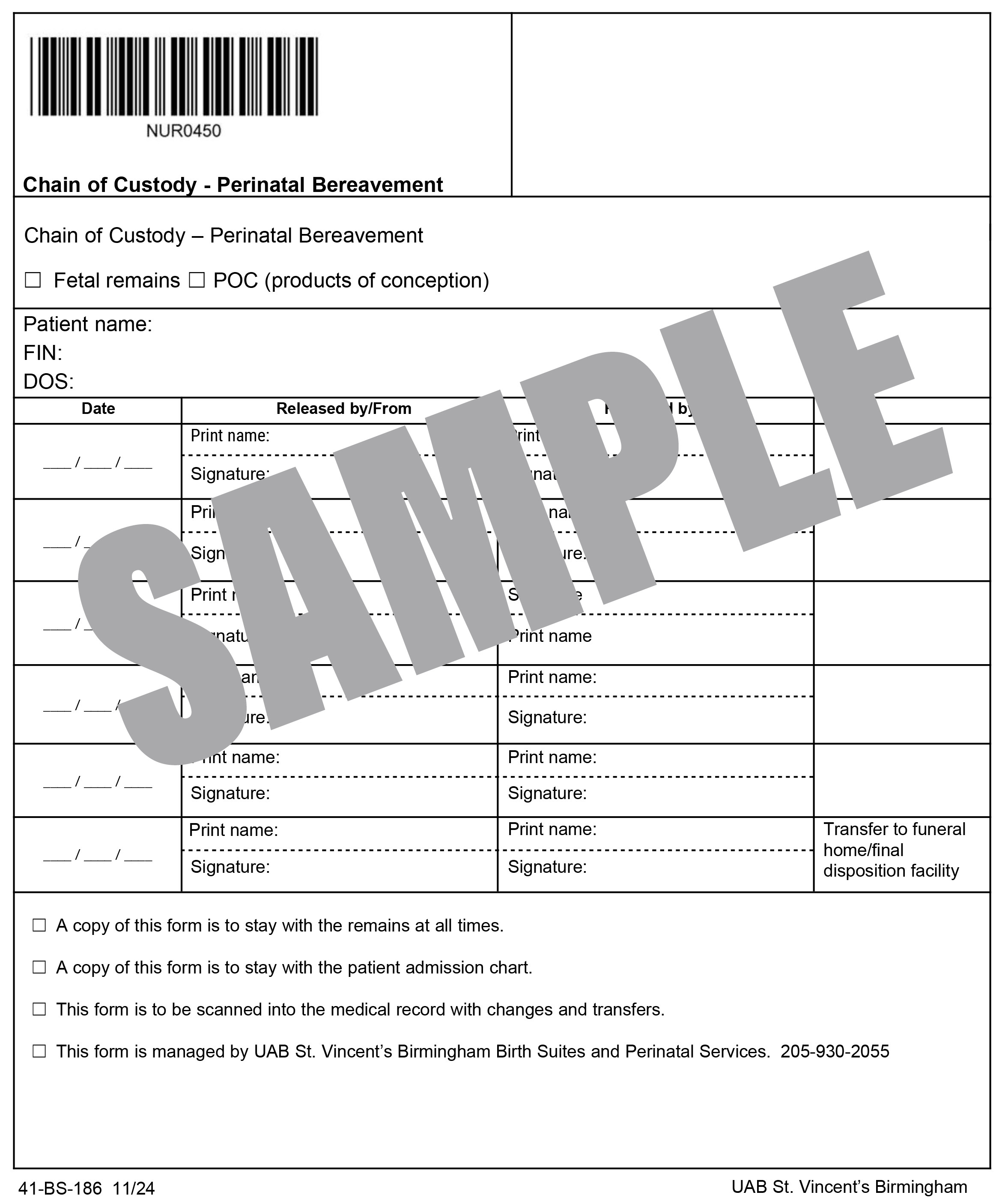 CHAIN OF CUSTODY - PERINATAL BEREAVEMENT