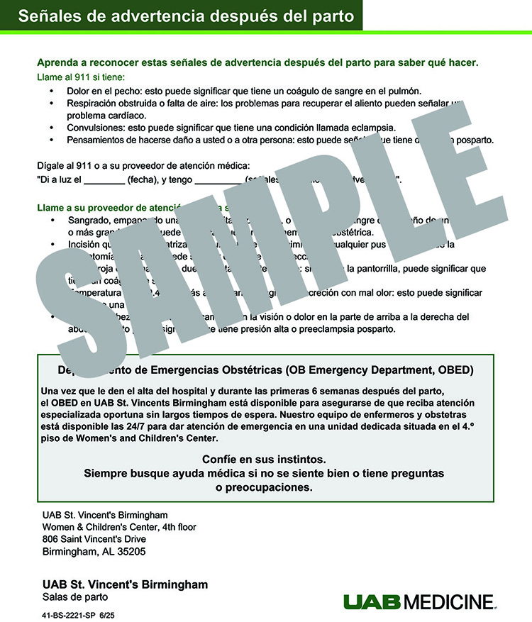 POST BIRTH WARNING SIGNS (SPANISH)