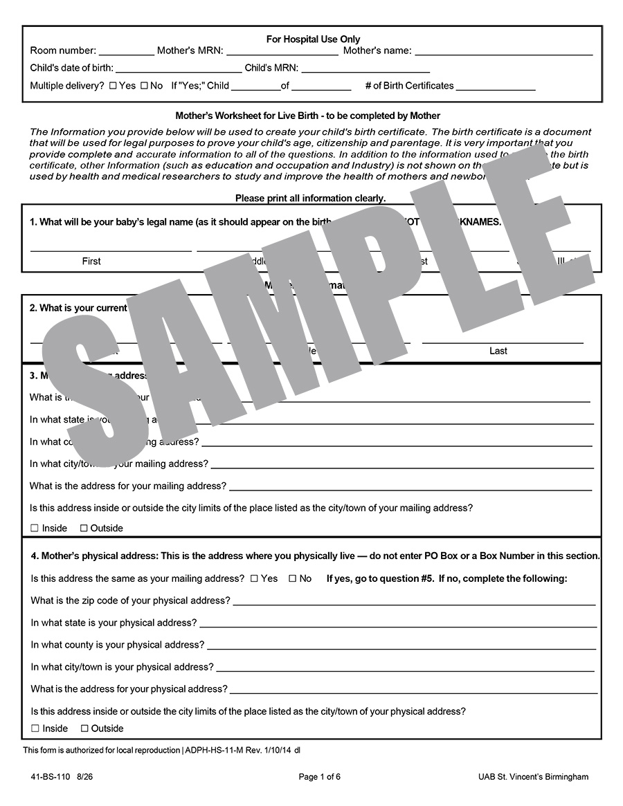 UAB MOTHERS WORKSHEET FOR LIVE BIRTH