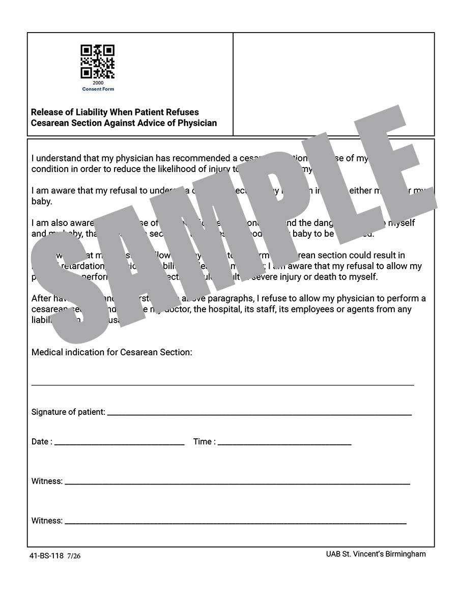 UAB RELEASE OF LIABILITY WHEN PT REFUSES C-SEC AGAINST ADVICE OF MD