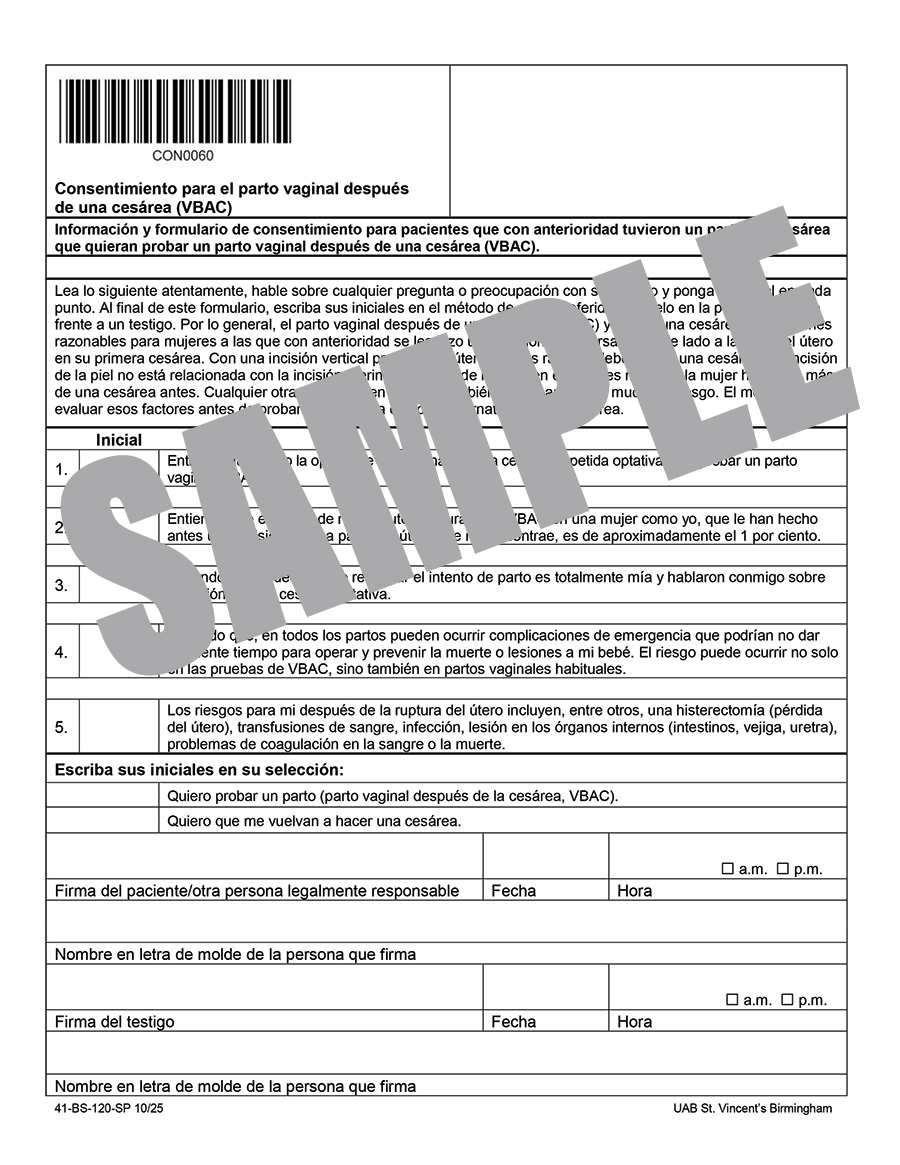 CONSENT FOR VAGINAL BIRTH AFTER CESAREAN (VBAC) - SPANISH