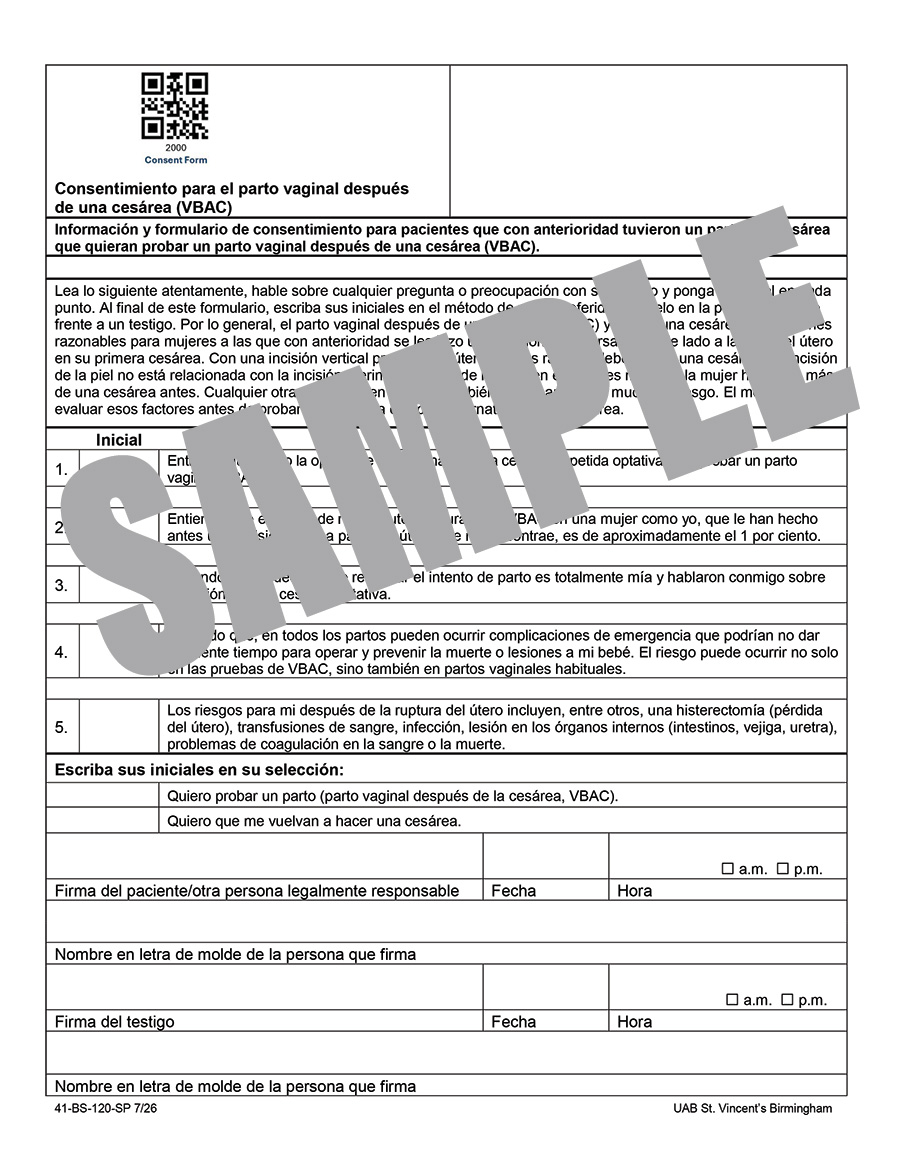 CONSENT FOR VAGINAL BIRTH AFTER CESAREAN (VBAC) - SPANISH